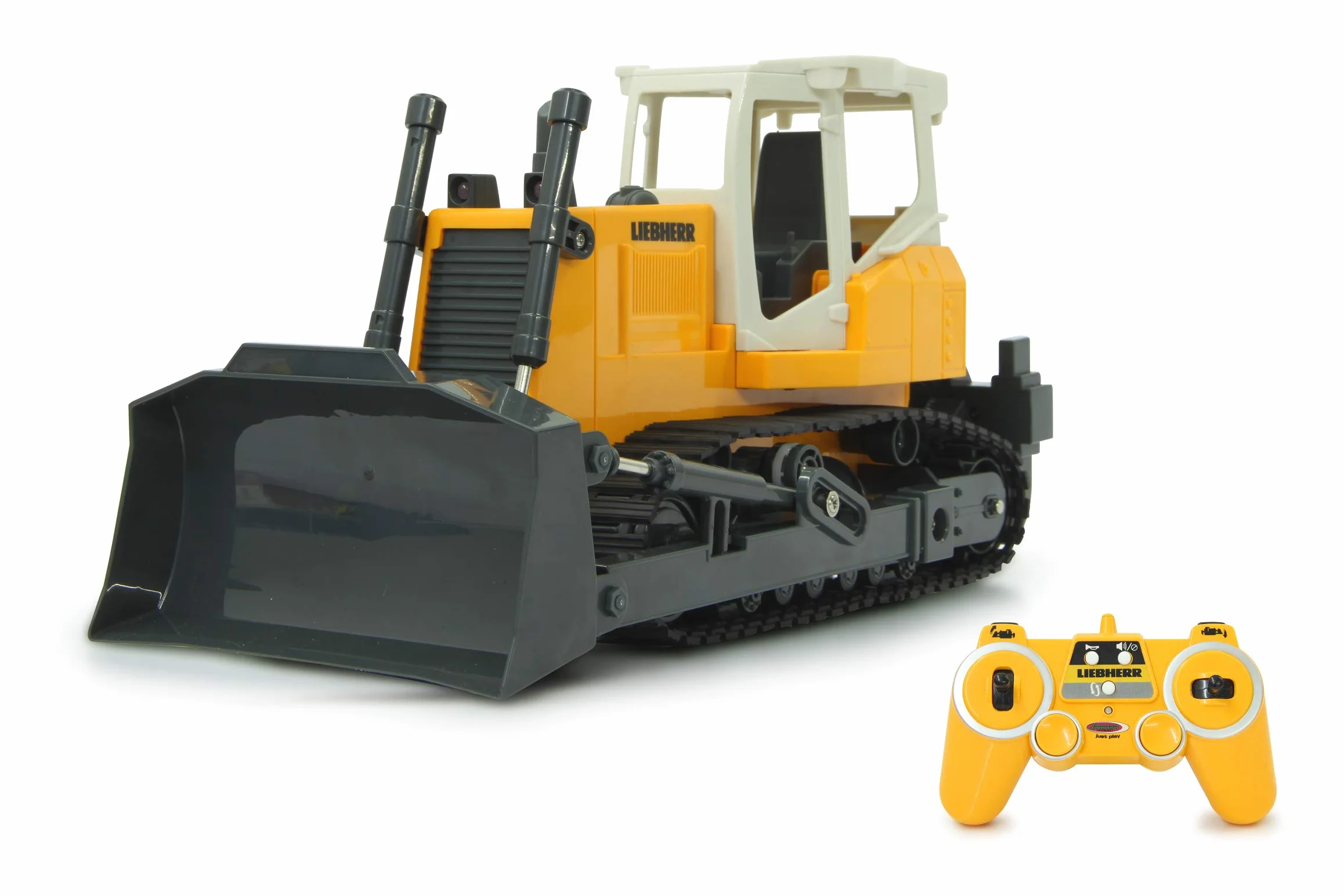 Gąsienica planierska Liebherr 1:20 2,4 GHz – programowalne funkcje, realistyczny dźwięk silnika (z możliwością wyłączenia), łopatka podnoszenie/opuszczanie, wertykulator w górę/w dół (ręczny)