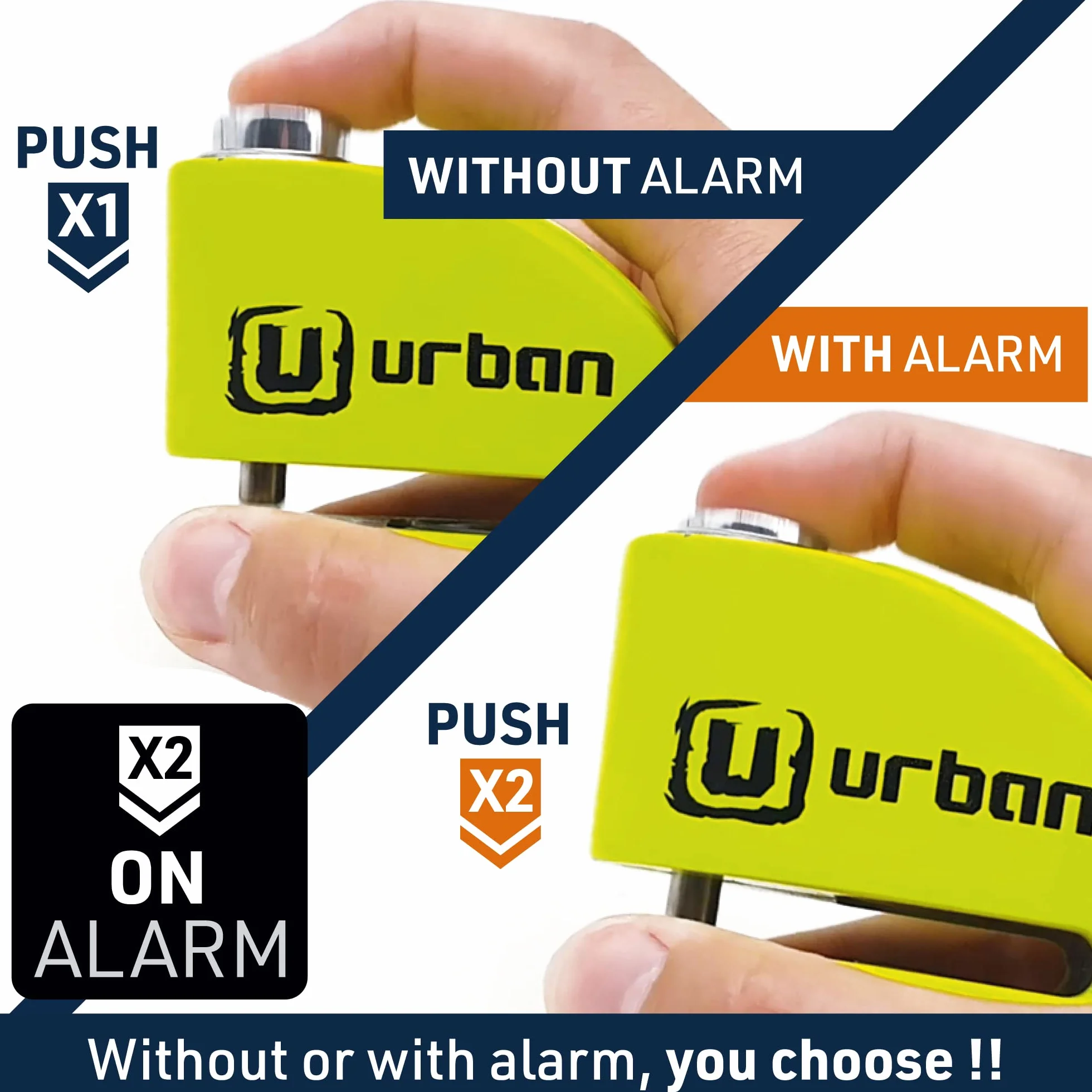 URBAN UR906X Kłódka Antykradzieżowa Blokada Dysku Alarmowego 120 db 6mm Uniwersalna Wodoodporna Żółta