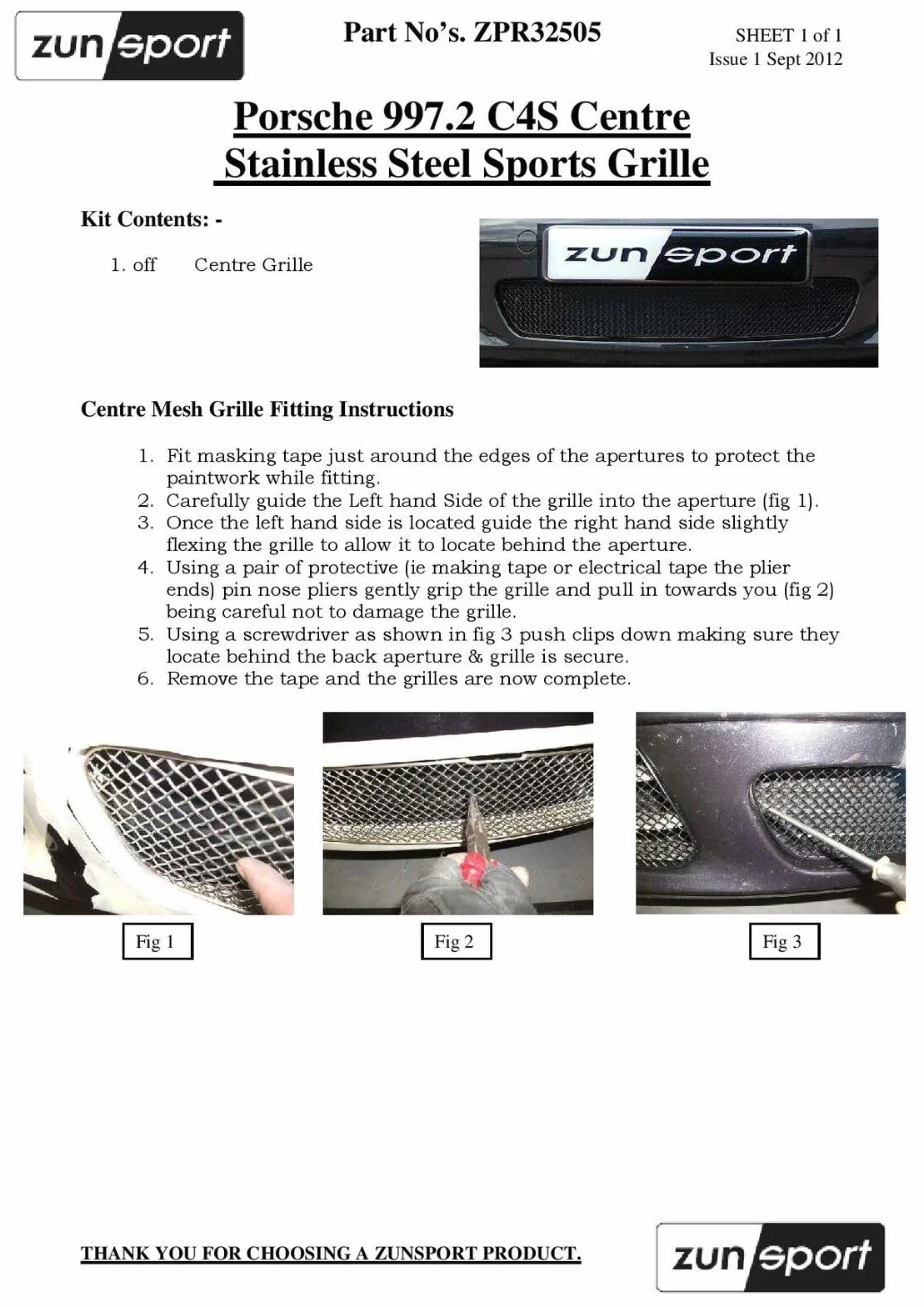 Zunsport Compatible With Porsche Carrera 997.2 (C2,C2S,C4,C4S) - Centre Grille - Silver finish (2009 to 2012)