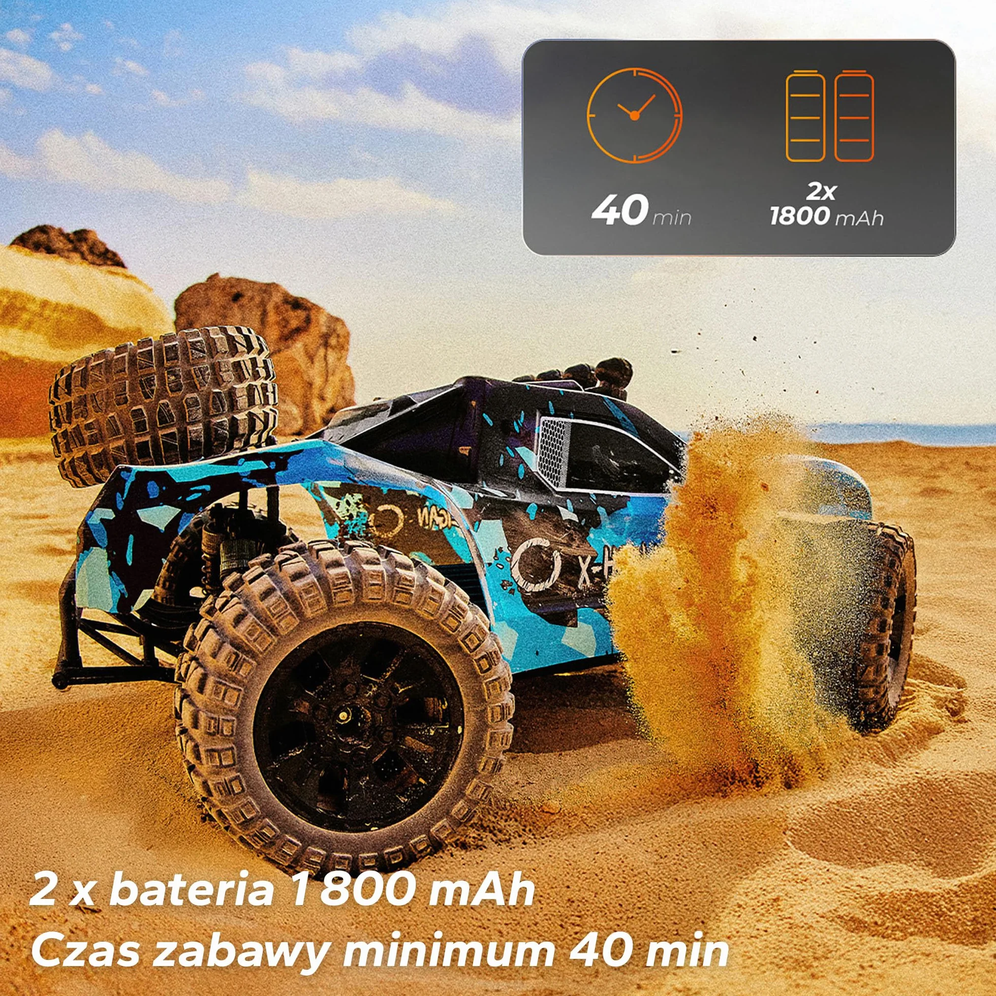 Overmax X-Hooligan duży, szybki, zdalnie sterowany samochód, skala 1:10, prędkość 35 km/h, zasięg 100 m, napęd 4 x 40 minut, oświetlenie LED