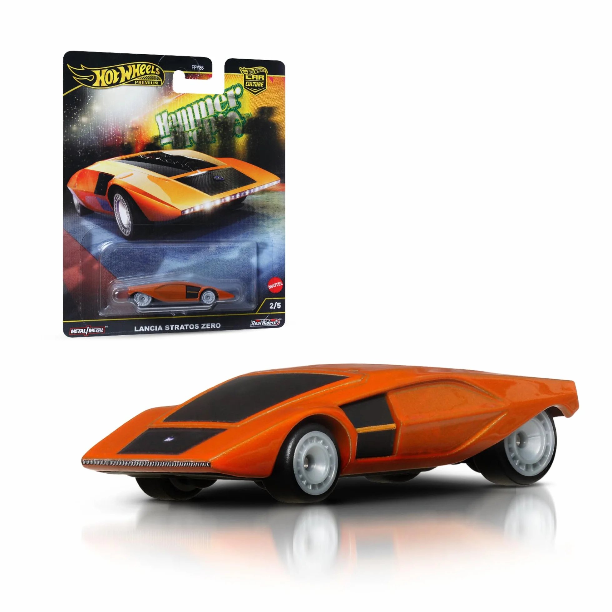Hot Wheels Premium Kultowe auta Lancia Stratos Zero Metalowy samochód zabawka w skali 1:64 do kolekcjonowania, z oponami Real Riders, HRV77