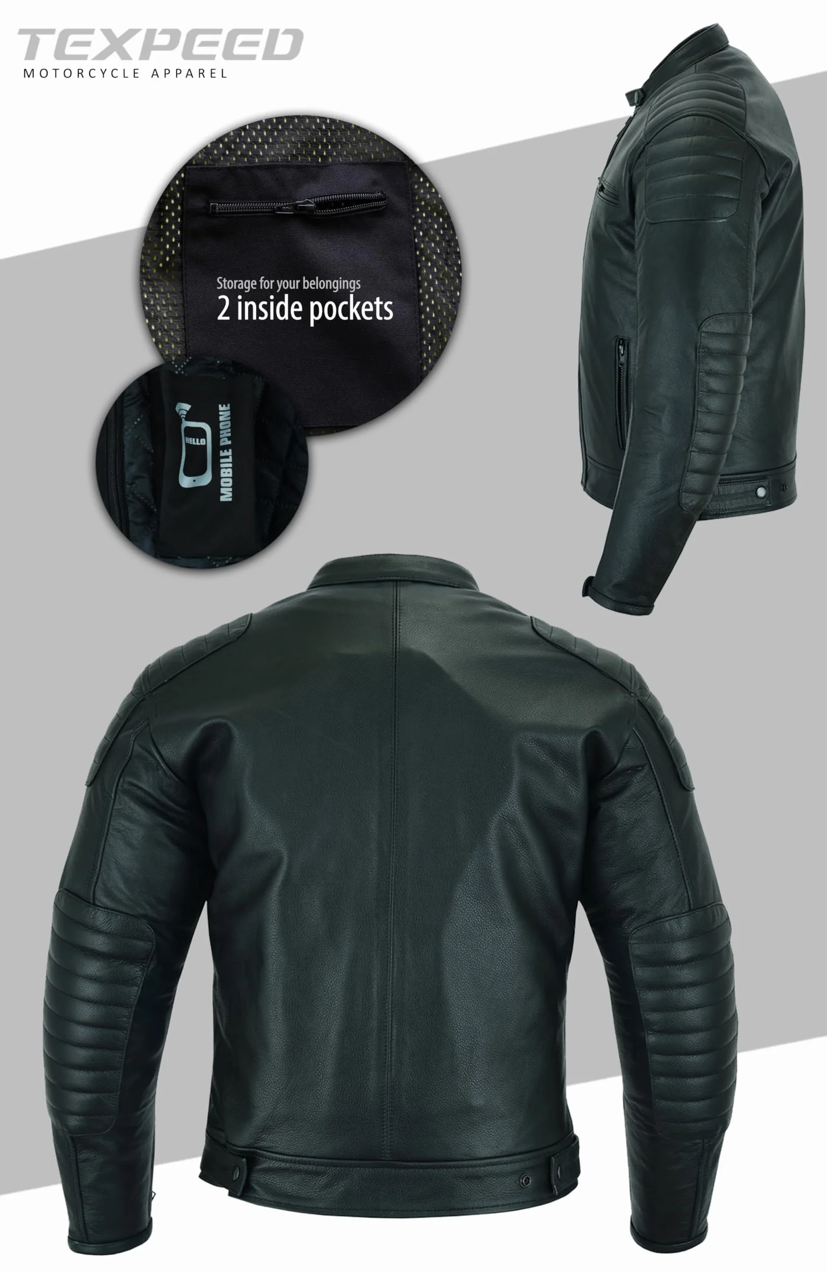 Kurtka motocyklowa męska skóra z pancerzem - Z prawdziwą ochroną CE Armor rowerzysta (EN 1621-1) - 4 sezony/zimowa/Lato - Texpeed - Czarny - L