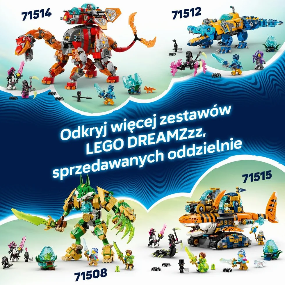 LEGO DREAMZzz Koszmarna skorpionowa koparka, zabawka dla dzieci z 3 minifigurkami, dwie opcje budowania, prezent na urodziny dla chłopców i dziewczynek w wieku od 7 lat, dekoracja fantasy 71513