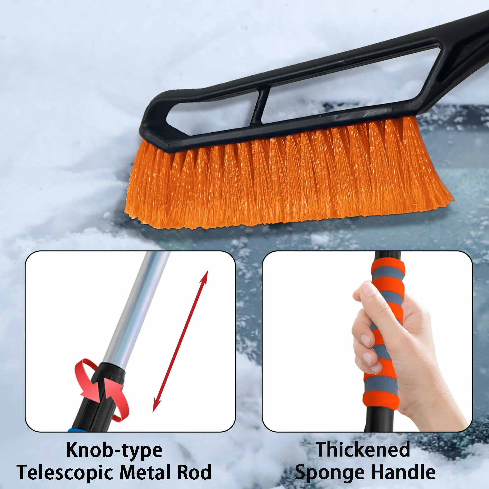 Skrobaczka do szyb z miotłą do śniegu 2 w 1, z teleskopowym trzonkiem (78-93 cm), z rękawicą, akcesoria samochodowe do aut osobowych, ciężarówek i SUV-ów (pomarańczowa)