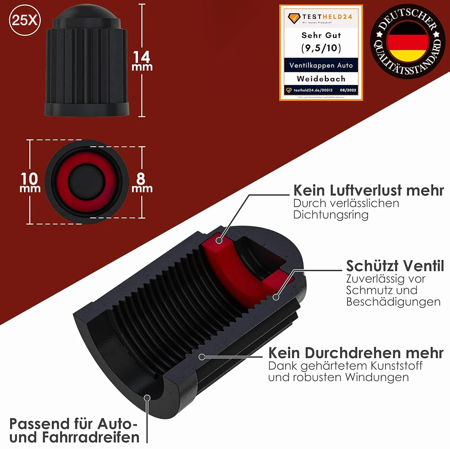 WEIDEBACH® 25 regulowanych nakrętek na wentyle samochodowe, pasują do rowerów, ze stabilną uszczelką dociskową, nakrętki do wentyli rowerowych i samochodowych