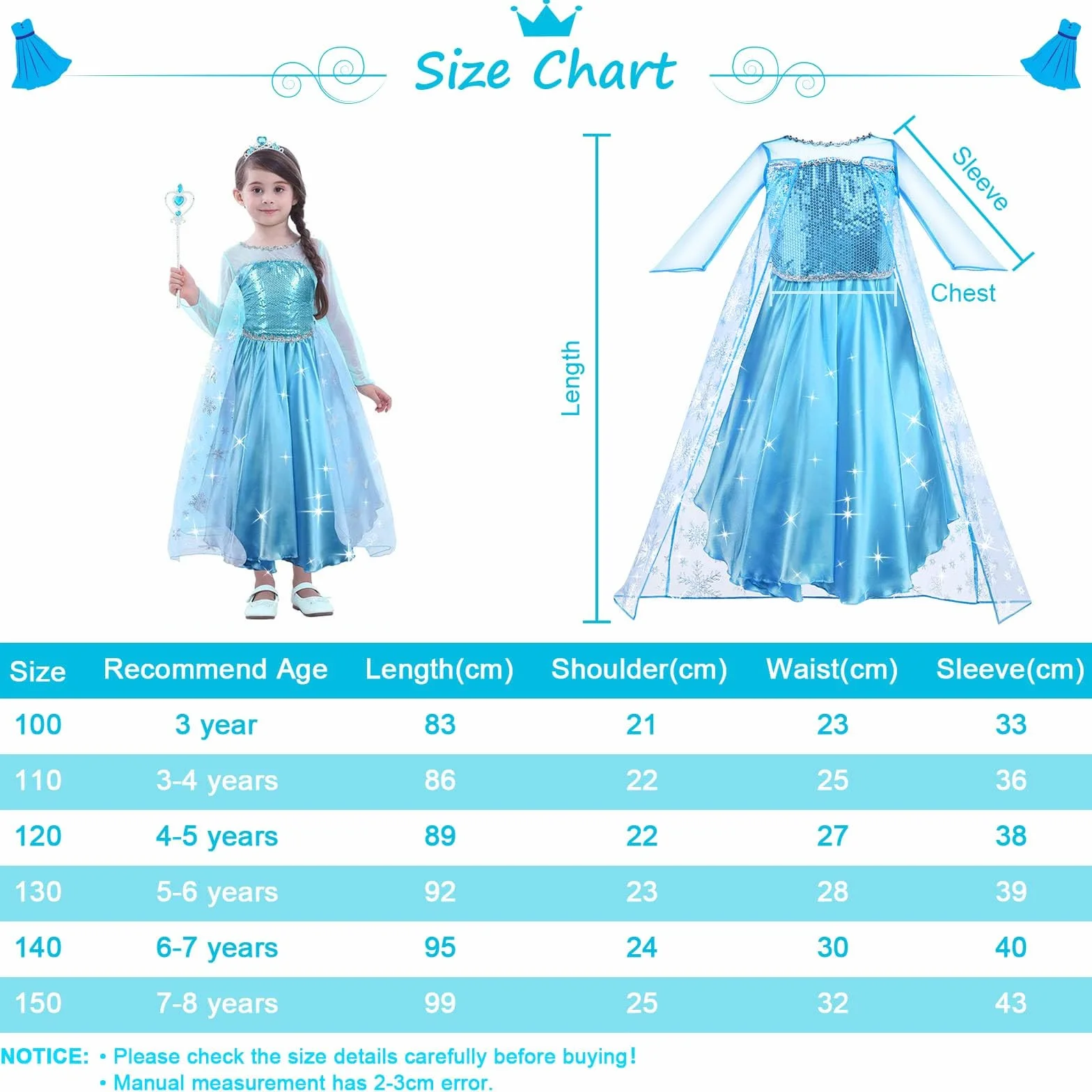 URAQT Sukienka Elsa, Kostium Księżniczki Elsy Z Różdżką Wróżki I Tiarą Z Koroną, Sukienka Elsa Anna Dla Dziewczynek, Deluxe Girls Fancy Dress Na Imprezę Cosplay Druhna Korowód