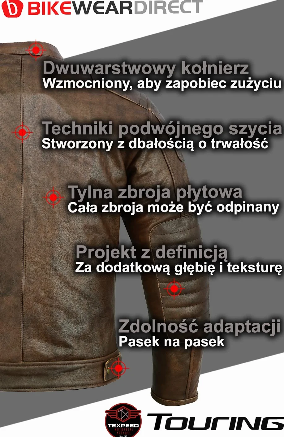 Texpeed Kurtka motocyklowa skóra z pancerzem CE EN 1621-1 Brązowy M 4 sezony