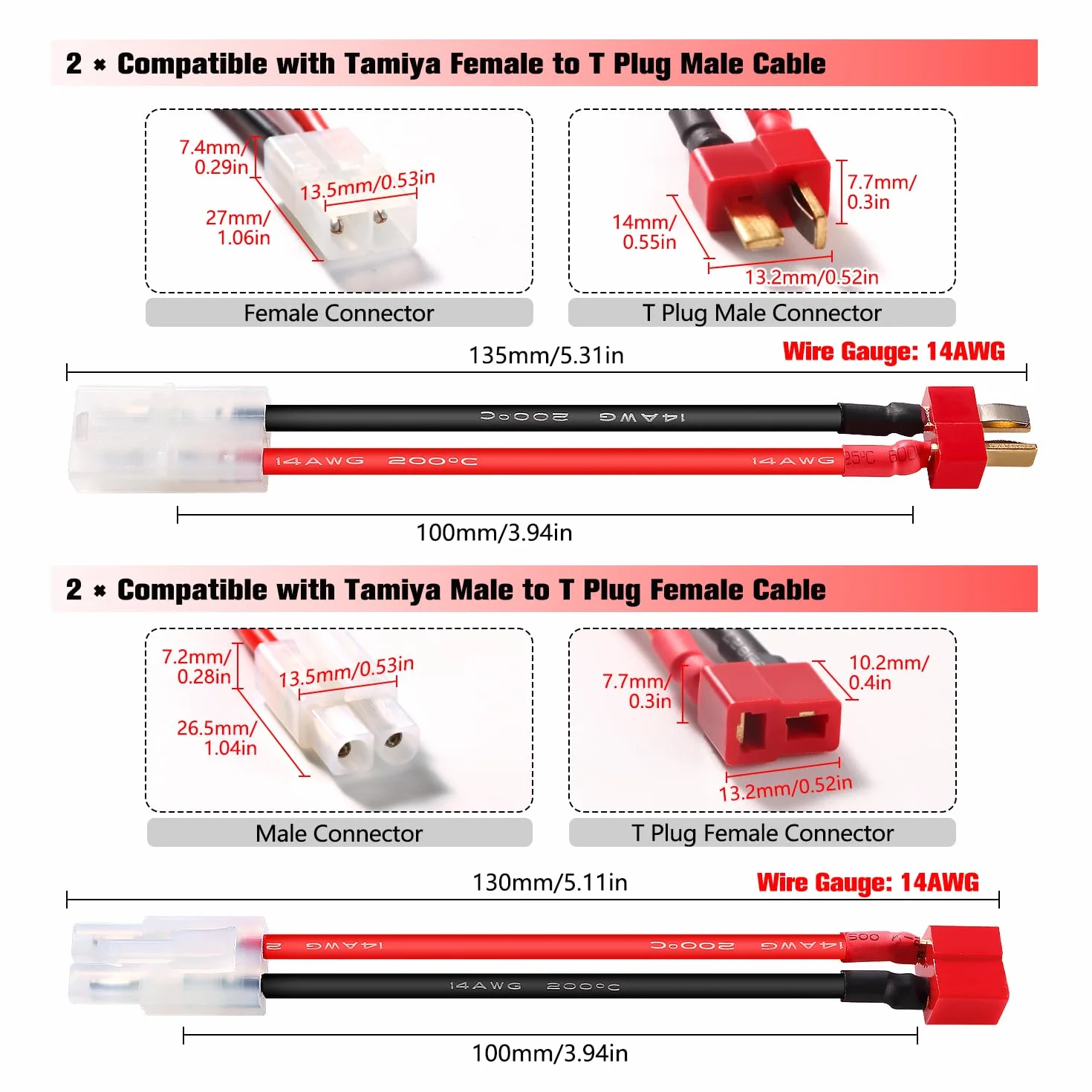 YIXISI 4 Sztuk Kabla Adapterowego Deans T na Kompatybilne z Tamiya, Duży Adapter w Kompatybilne z Tamiya na Adapter z Wtyczką T z Kablem Silikonowym 10cm 14AWG, do Pojazdów RC i Akumulatorów Lipo