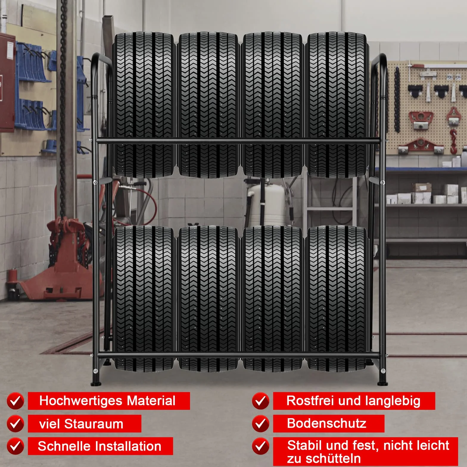 regał na 8 opon, stojak na opony, regał magazynowy z regulacją wysokości, 107 x 46 x 117 cm, nośność 180 kg, z osłoną ochronną na opony, do garażu, piwnicy, warsztatu