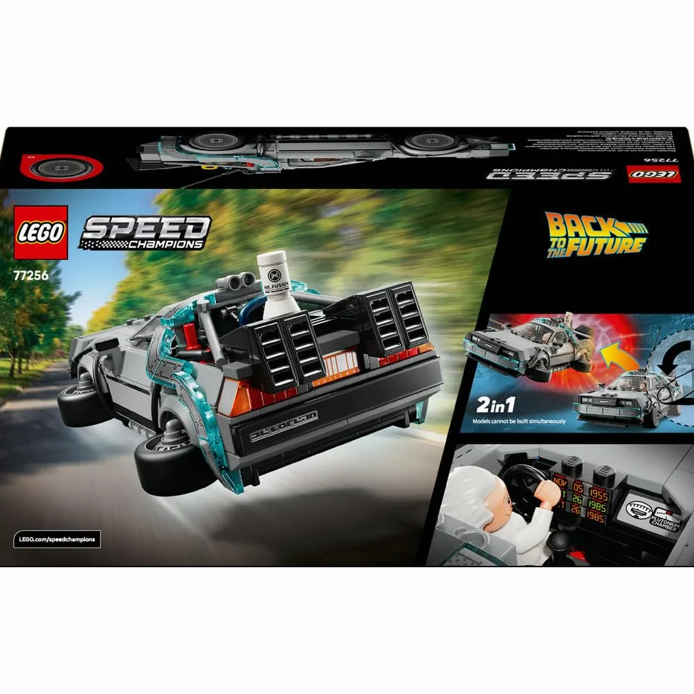 LEGO Speed Champions Wehikuł czasu z Powrotu do przyszłości, zabawka dla dzieci od 9 lat, model samochodu i dwie minifigurki Marty McFly i doktor Brown, prezent dla chłopców i dziewczynek 77256