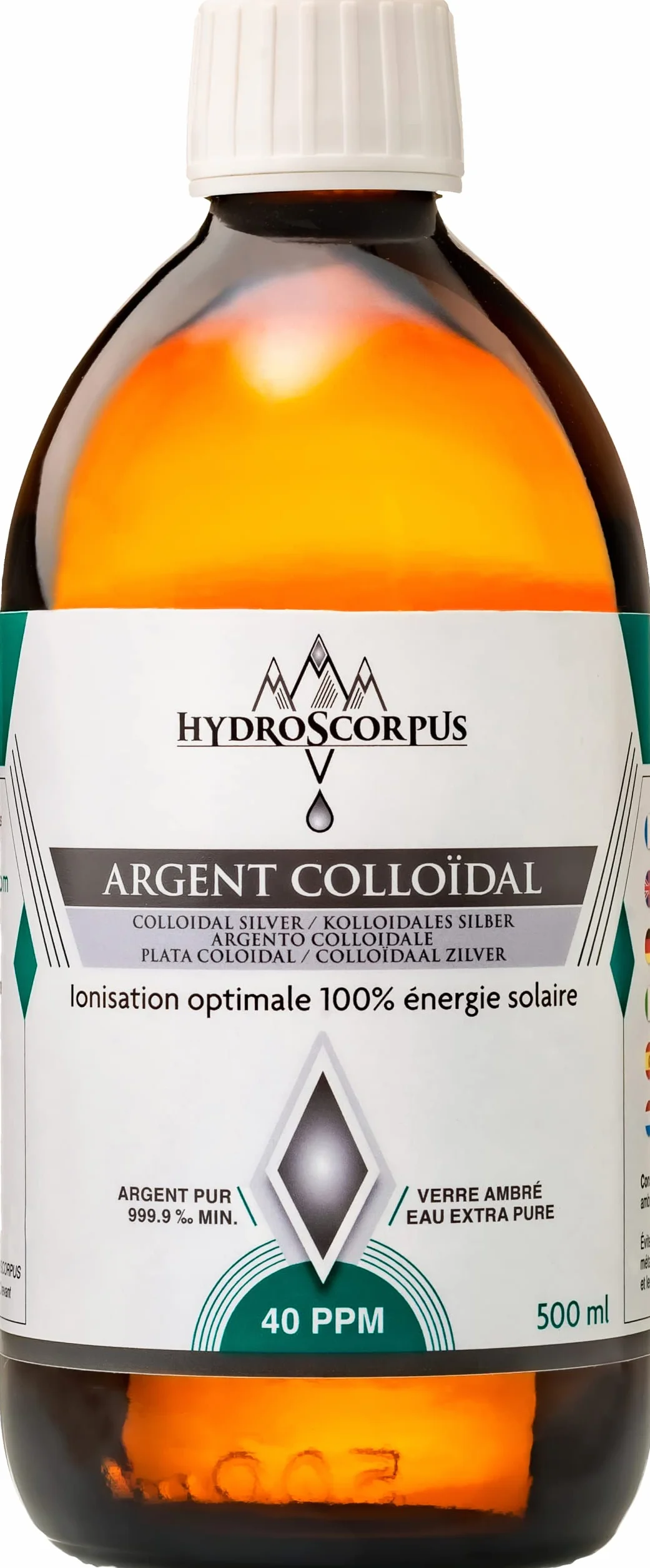 Srebro koloidalne 40 PPM 500ml SZKŁO naturalny pierwiastek organiczny Oligo jonizacja słoneczna opakowanie kompostowalne