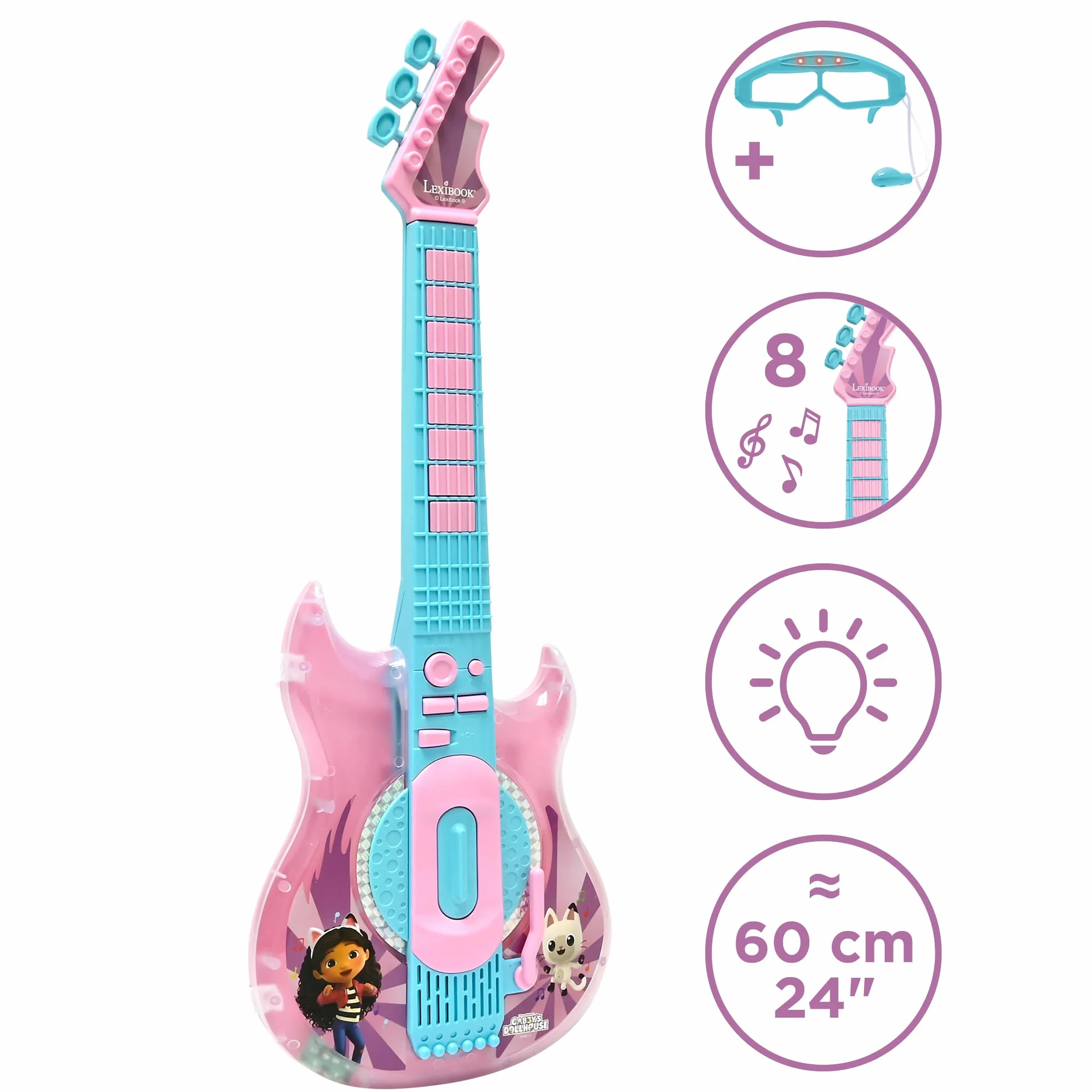 Lexibook, Koci Domek Gabi, Gitara Elektroniczna z Mikrofonem i Okularami do Stylowego Śpiewania, 2 Tryby Gry, Utwory Demonstracyjne, Efekty Świetlne, Różowy, Niebieski, K260GDH