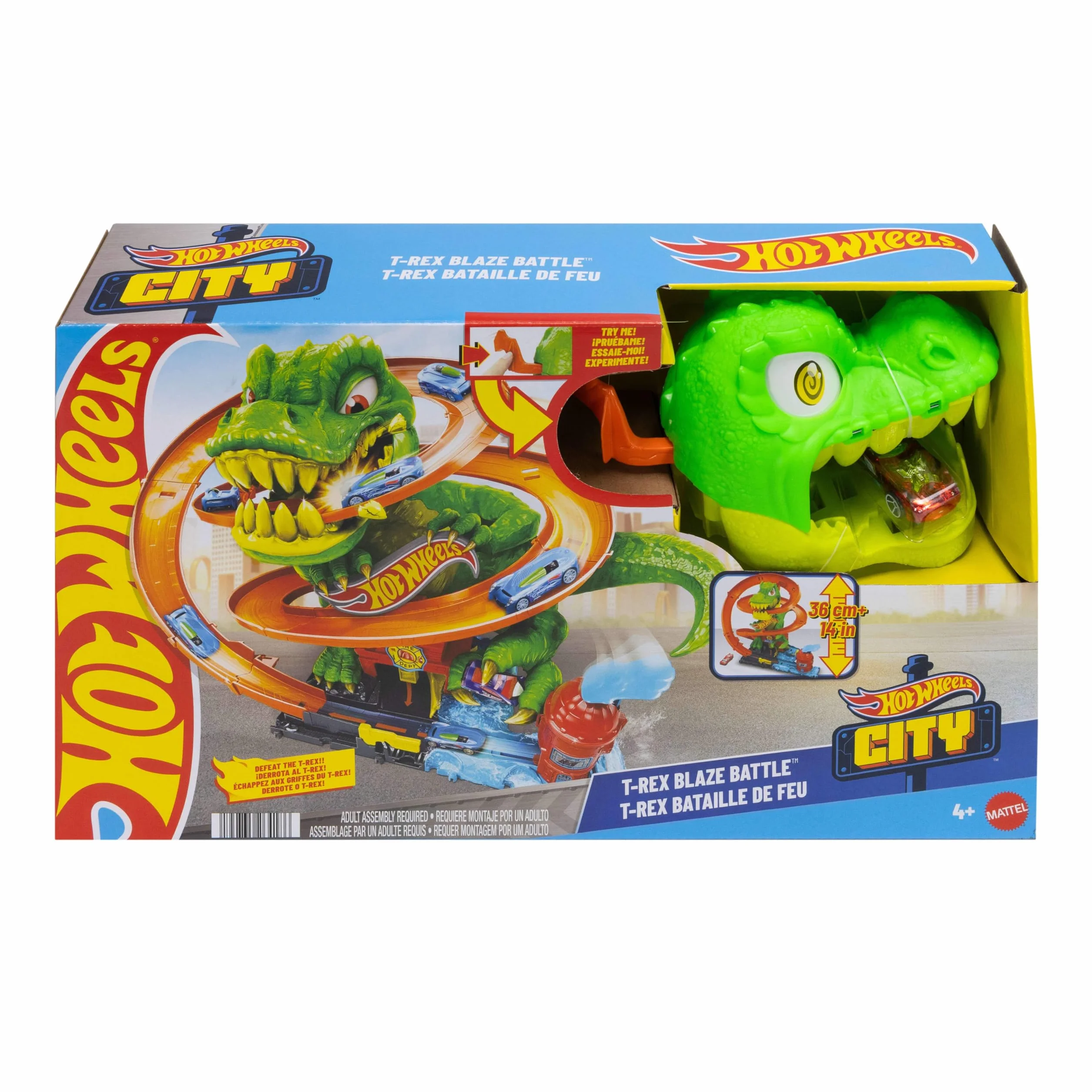 Hot Wheels City Zakręcony tor Remiza T-rexa Zestaw do zabawy (ok. 36 cm), tor samochodowy, dinozaur o ruchomych oczach, metalowe autko w skali 1:64, kilka możliwości zabawy, zabawka dla dzieci, JBM73