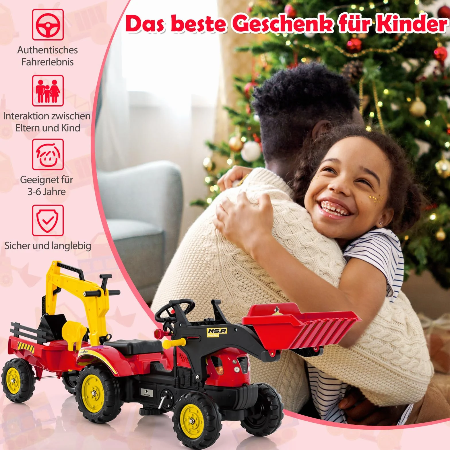COSTWAY Traktor na pedały, ciągnik dla dzieci z odpinanym przyczepnym zbiornikiem i łopatą zabawkową, ciągnik dla dzieci do 35 kg, mini koparka dla dzieci od 3 lat (czerwony)