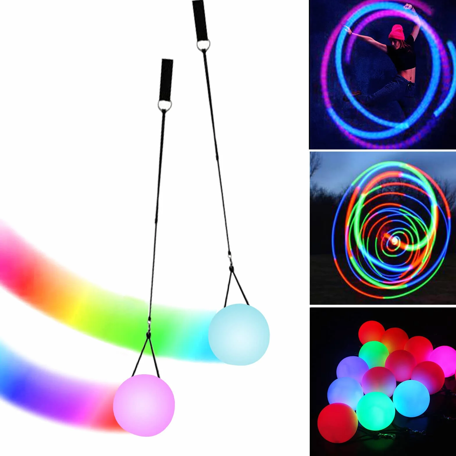 Piłki LED Poi: 2 sztuki kul LED Glow Poi z tęczowymi kolorami i efektem stroboskopowym, piłki do żonglowania z regulowanymi podwójnymi szlufkami, dla początkujących i profesjonalistów