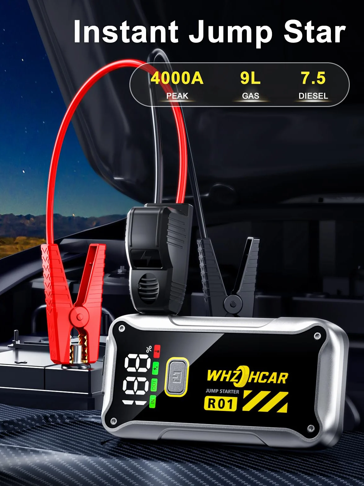Powerbank rozruchowy 4000 A, przenośny, 12 V (do 9,0 l benzyny lub oleju napędowego 7,5 l) wyświetlacz LCD LED, urządzenie ułatwiające rozruch, akumulator samochodowy, do SUV-ów, motocykli, kosiarek