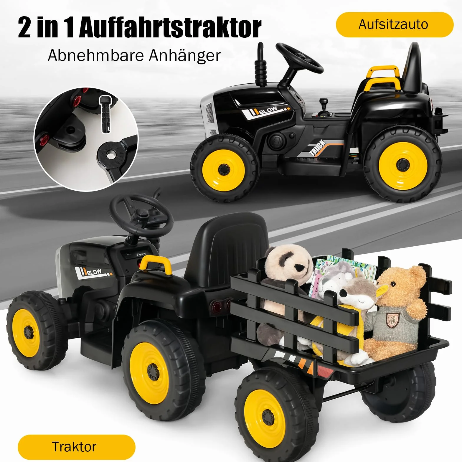 GOPLUS Elektryczny traktor dla dzieci 12 V z przyczepą, 3-biegowy pojazd elektryczny z pilotem zdalnego sterowania, samochód elektryczny z oświetleniem LED, muzyką i Bluetooth, obciążenie 30 kg, od 3