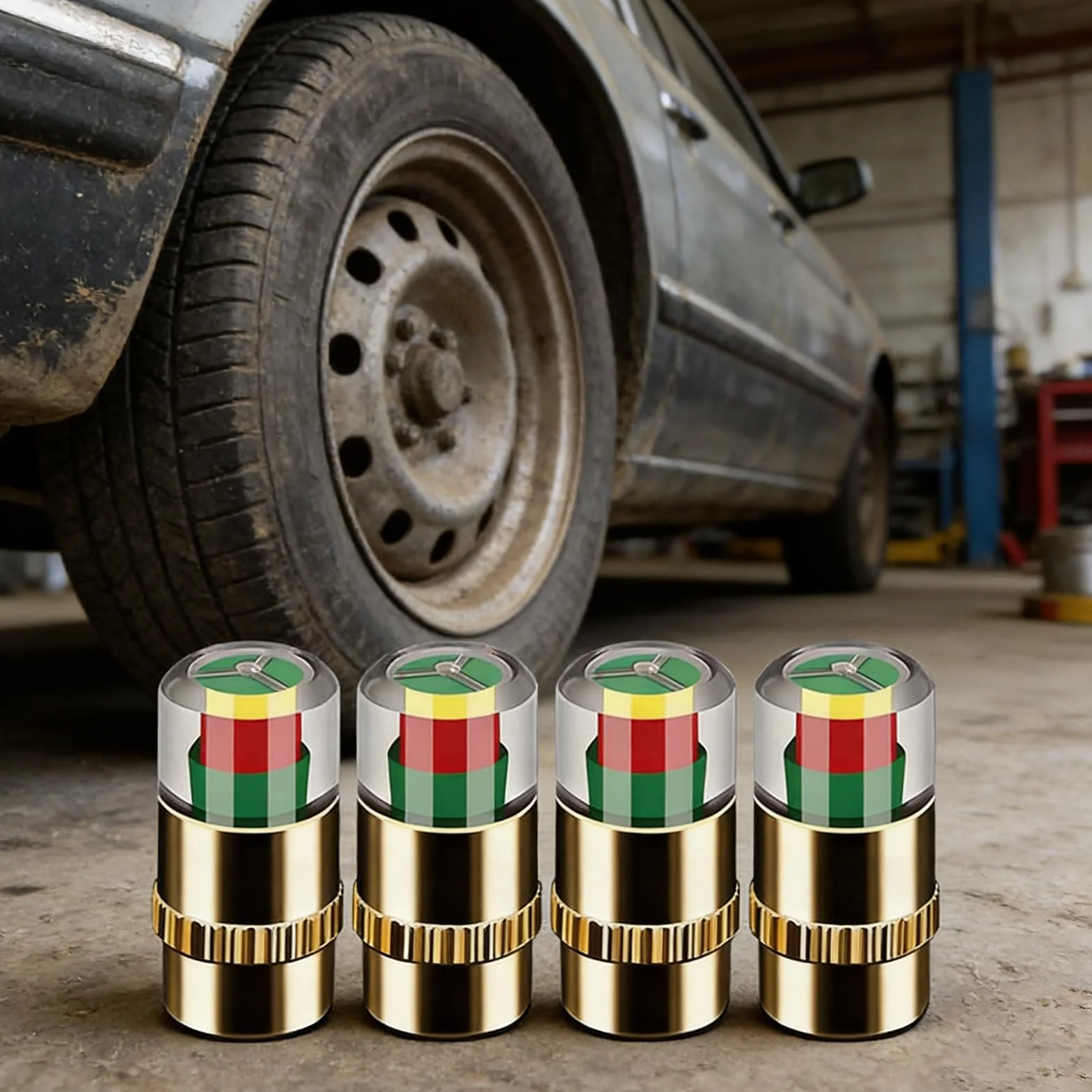Tire Pressure Valve Caps 2.4bar 36PSI Visual Sensor Indicators ABS Metal Stem Covers 4 Pack