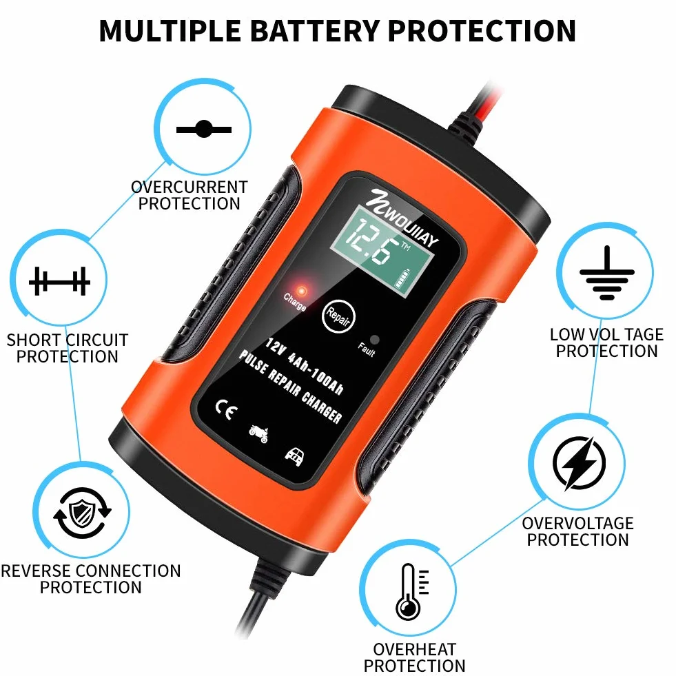 Ładowarka samochodowa 6 A/12 V, inteligentna ładowarka z ekranem LCD, akumulator samochodowy i ładowarka do akumulatora motocyklowego
