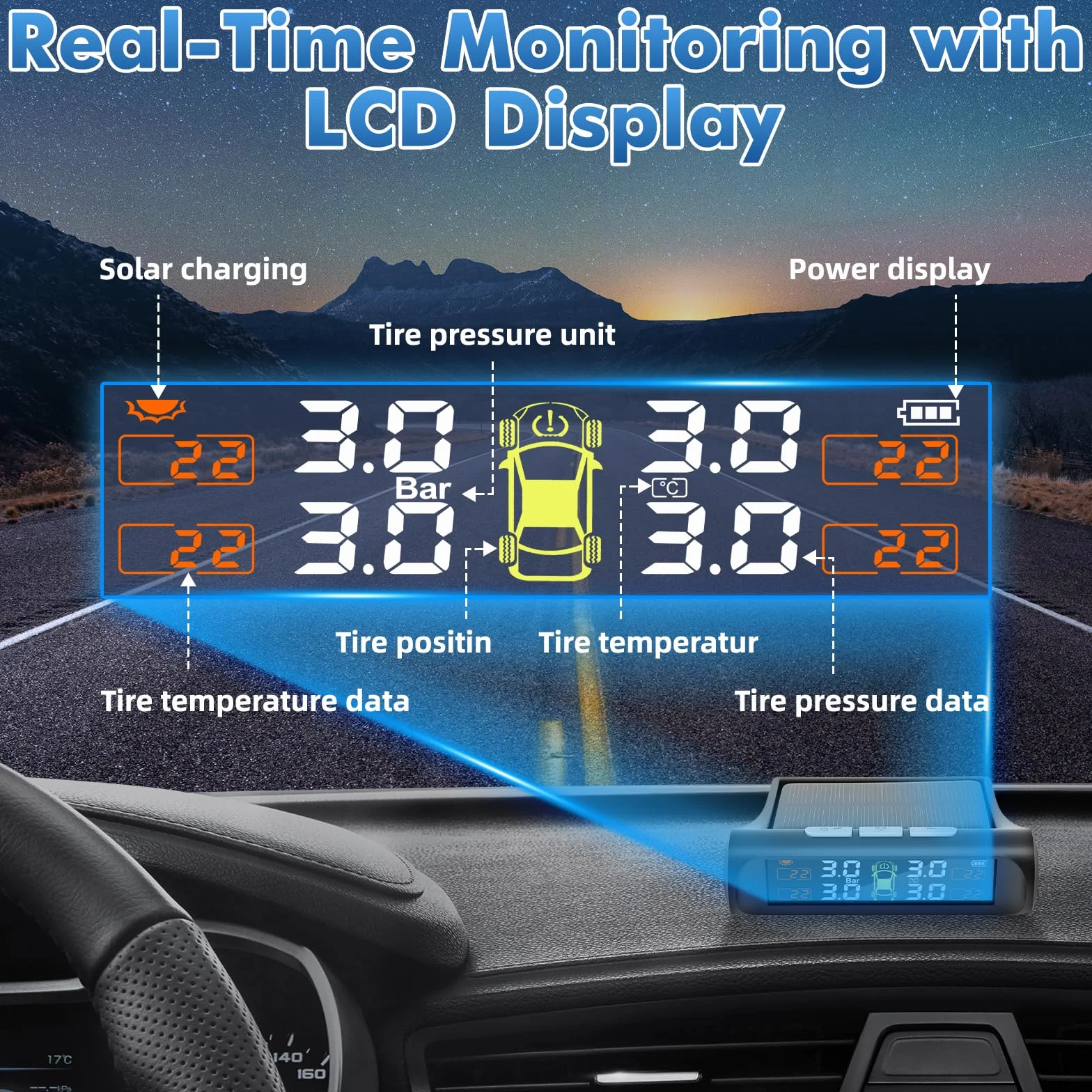 TPMS System monitorowania ciśnienia w oponach, ładowanie słoneczne USB, alerty temperatury, automatyczne włączanie wyłączanie