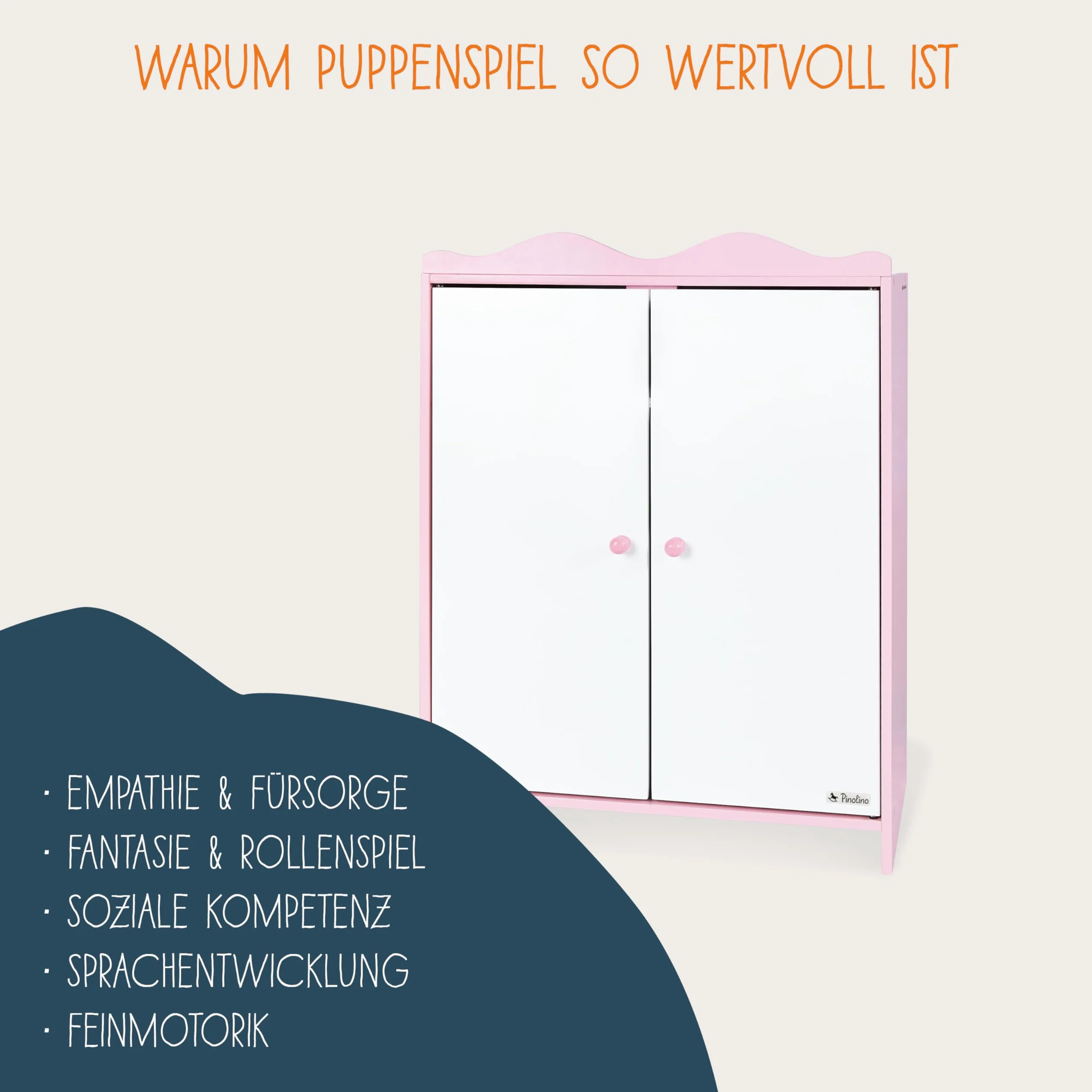 PINOLINO Szafa dla lalek Jasmin, wykonana z drewna, z 1 półką, 1 drążkiem na ubrania i 3 wieszakami na ubrania, meble dla lalek dla dziewczynek od 2 lat, różowa/biała