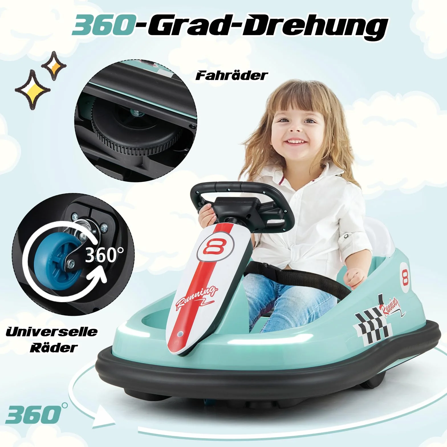 COSTWAY 6 V hulajnoga samochodowa dla dzieci, bumper car z muzyką i światłami, obrót o 360 stopni, samochód elektryczny dla dzieci od 18 miesięcy, 1,5-3 km/h (zielona)