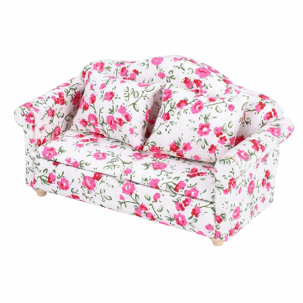 Mini Sofa Domek dla lalek, Akcesoria do dekoracji domku dla lalek Wzór kwiatowy Mini Meble Podwójna sofa dla lalki w skali 1/12 małe skupiska kwiatów