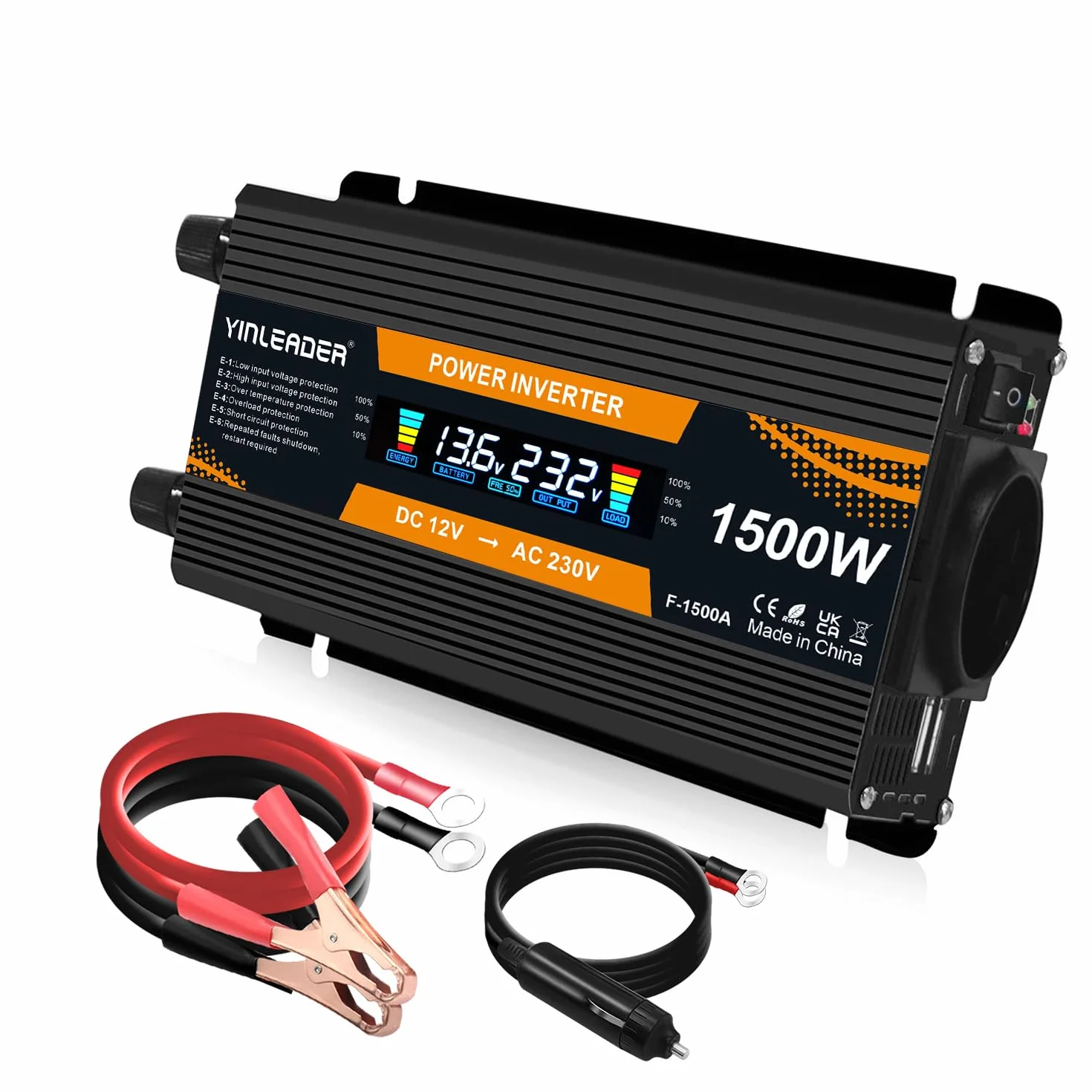 Yinleader Przetwornica napięcia 1500 W, 12 V, 220 V, konwerter 12 V, 230 V, LCD, 2USB, transformator napięcia 12 V, 220 V