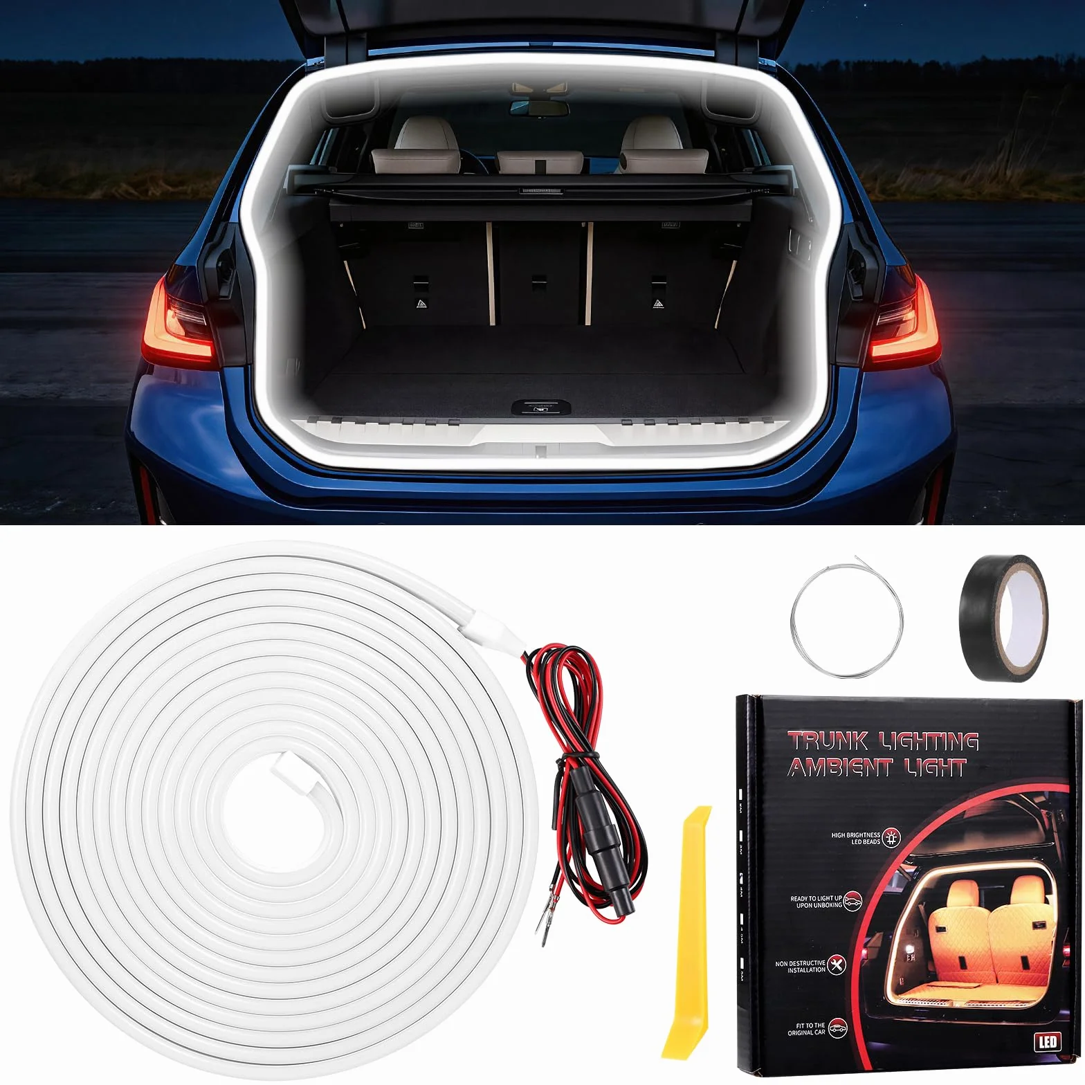 Starvortex Taśma LED do bagażnika samochodowego 4 m, stałe białe światło LED do bagażnika z przyłączem wtykowym, elastyczny i przycinany silikonowy pasek do wnętrza samochodu do samochodów ciężarowych