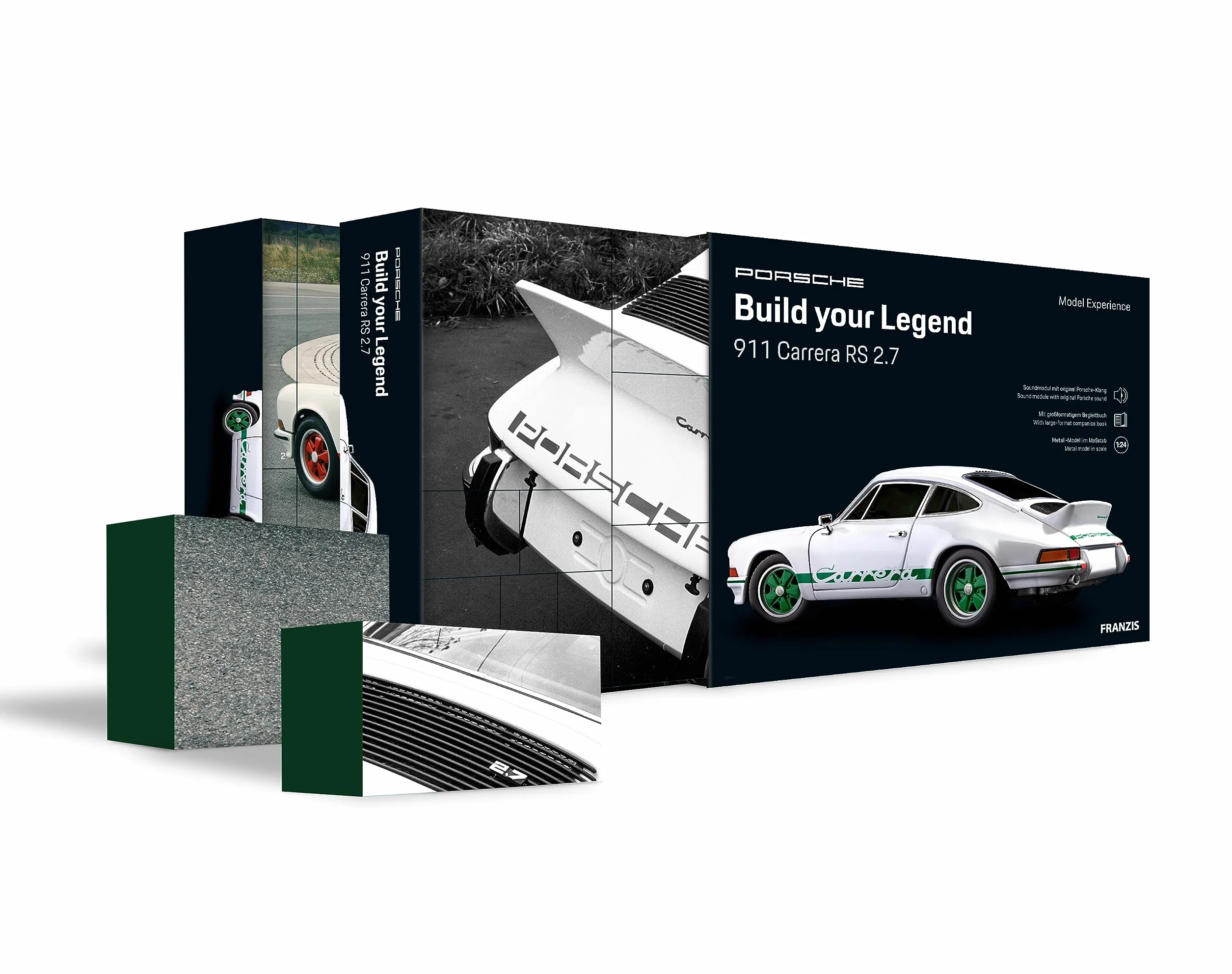 FRANZIS 67217 - Porsche Carrera RS - Build your Legend - a true-to-life model kit of 1:24 scale, a powerful sound base and LED showroom lights included and a comprehensive accompanying book