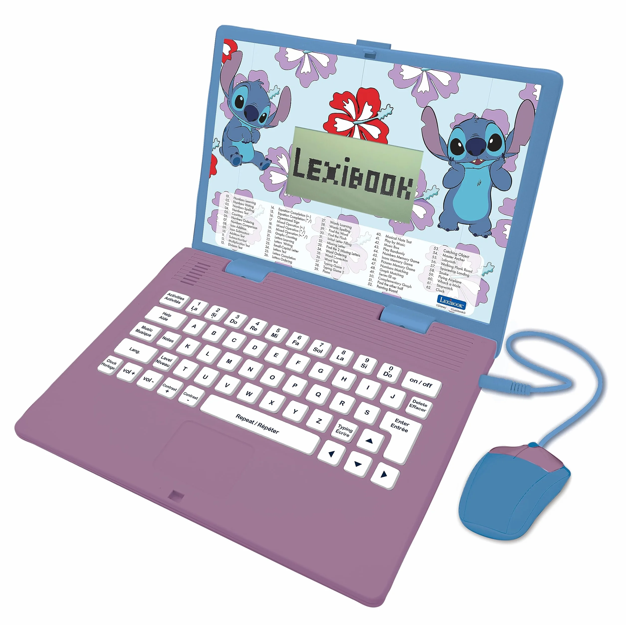 Lexibook - Disney Stitch - angielski/francuski dwujęzyczny laptop edukacyjny, 124 zajęcia językowe, pisanie, matematyka, logika, muzyka i gry, chłopcy i dziewczęta, JC598Di1