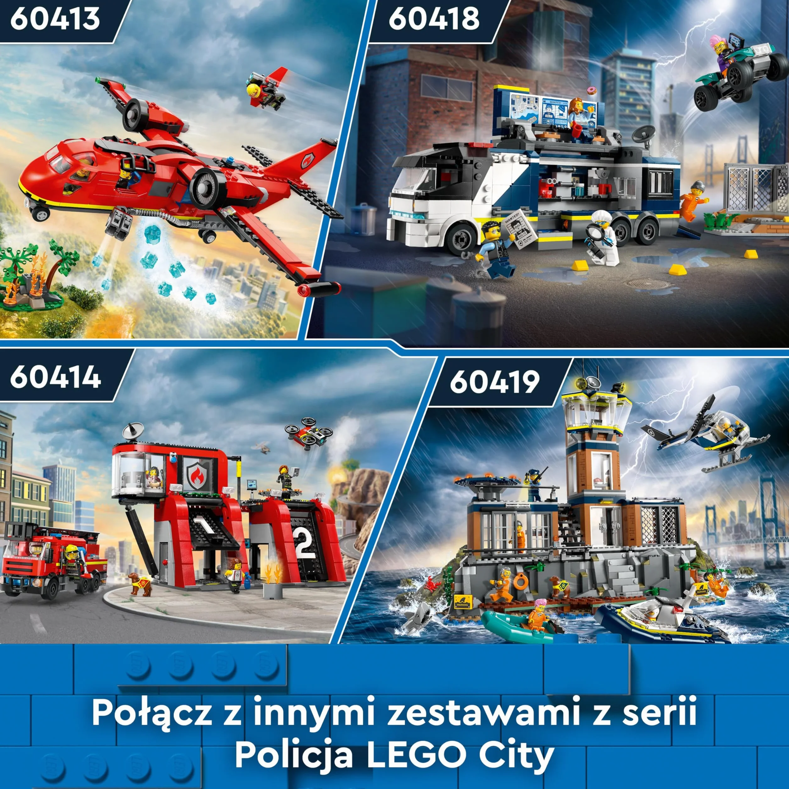 LEGO City Policja z Więziennej Wyspy 60419 dla chłopców i dziewczynek w wieku od siedmiu lat, którzy uwielbiają twórczą zabawę; helikopter, łódka i ponton, siedem minifigurek oraz figurki psa i rekina