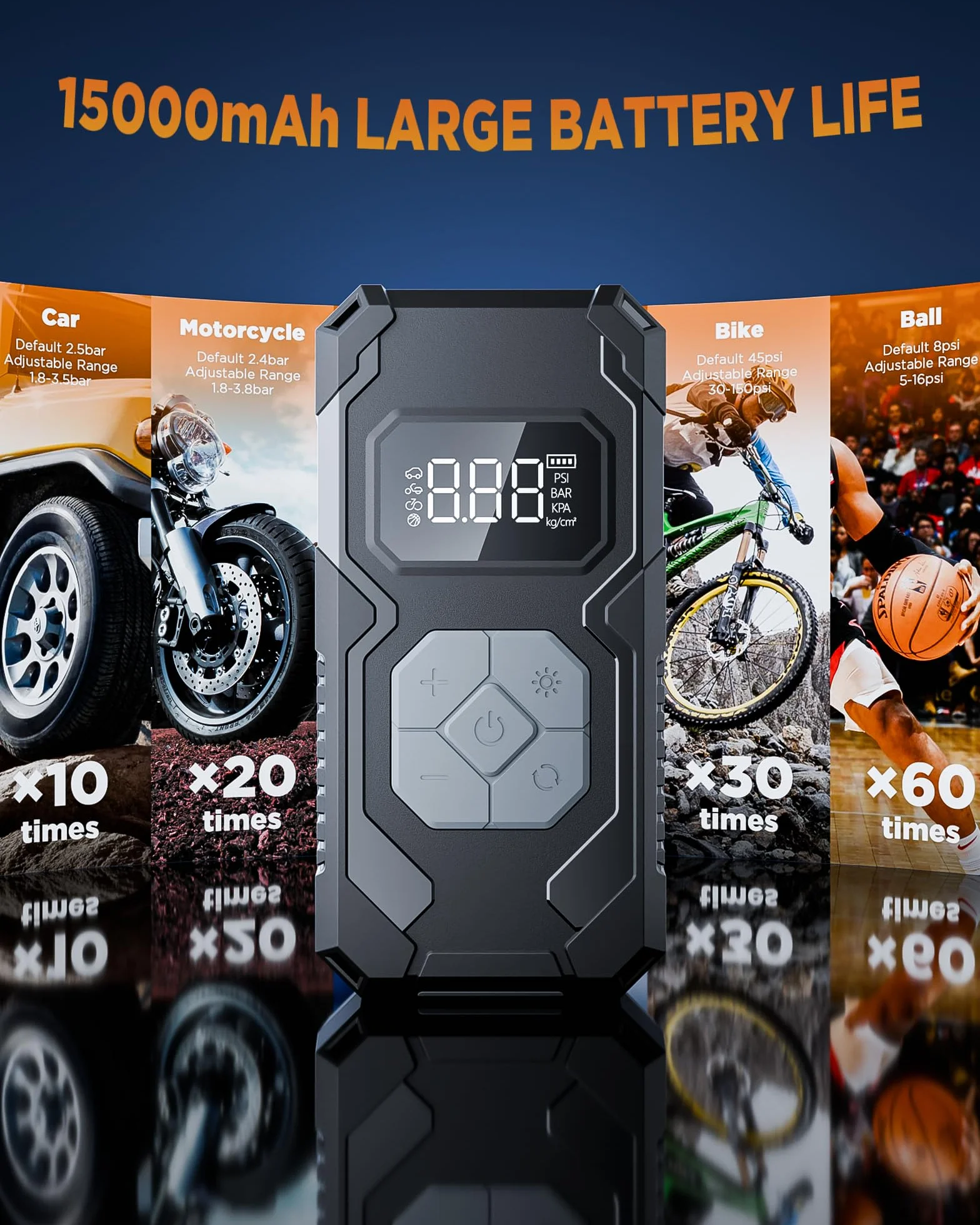 Elektryczna pompka powietrza 15000 mAh i 150 psi, przenośna sprężarka powietrza, kompresor akumulatorowy z manometrem, pompka rowerowa do wielokrotnego ładowania, do samochodu, roweru, motocykla,