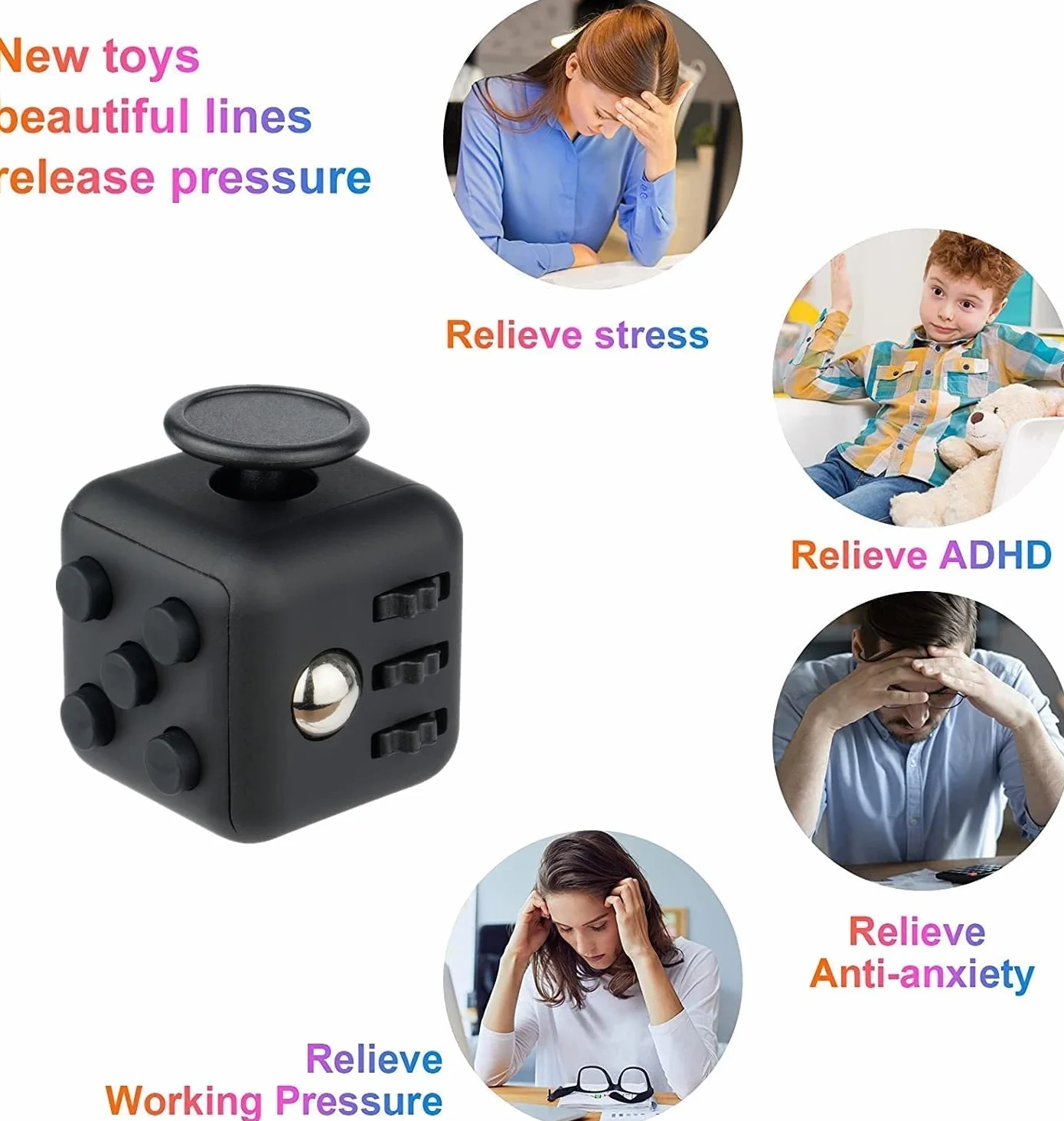 Yeefunjoy, kostka do gry fidget 3 sztuki, pad, kostka nieskończoności, reduktor stresu, ulga w lęku, koncentracja, sensoryczna, czarna, dla dorosłych, mała