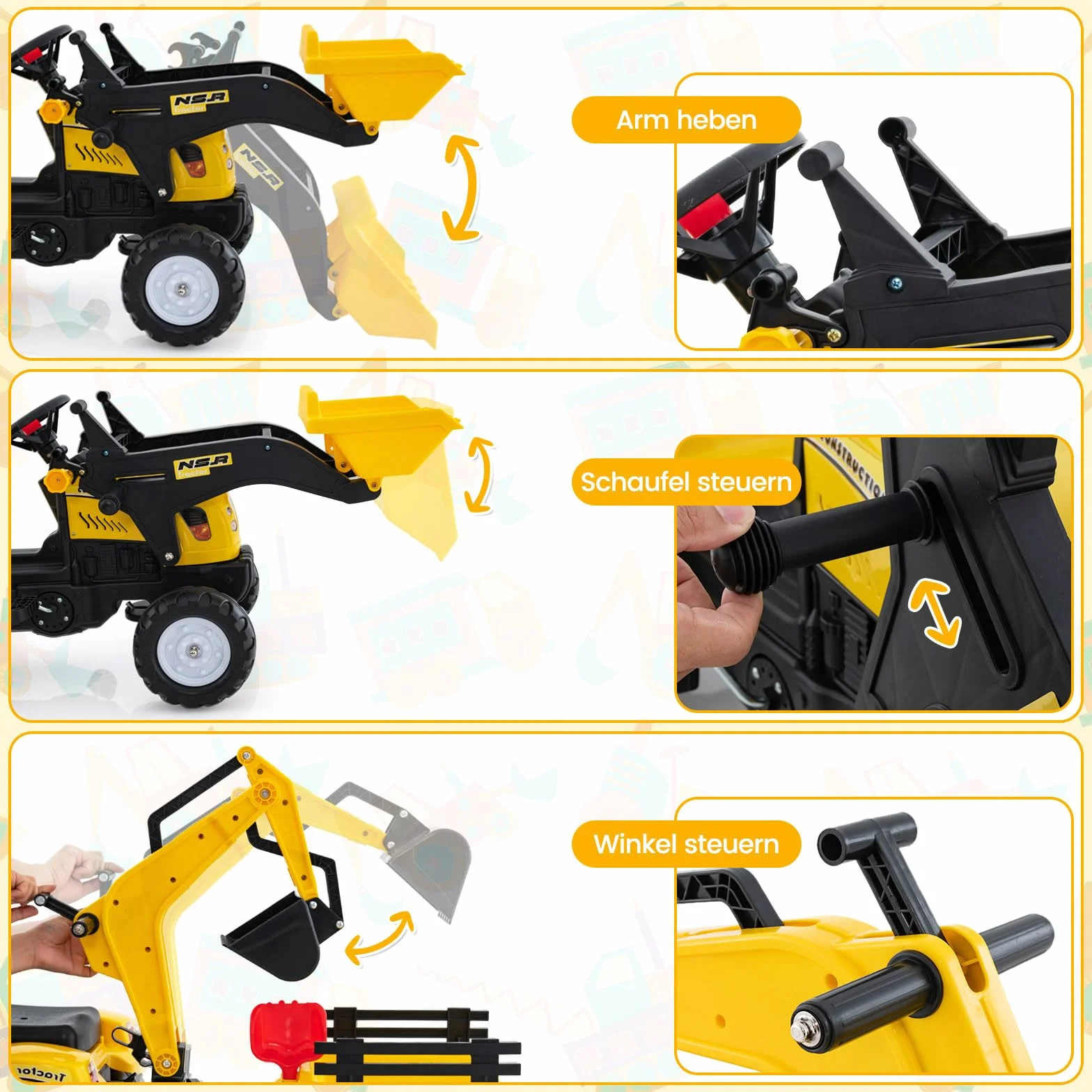 COSTWAY Traktor na pedały, dla dzieci ze zdejmowaną przyczepą i szuflą do grobu, koparko-ładowarka, obciążenie do 35 kg, koparka do siedzenia dla dzieci w wieku 3-6 lat (żółty)