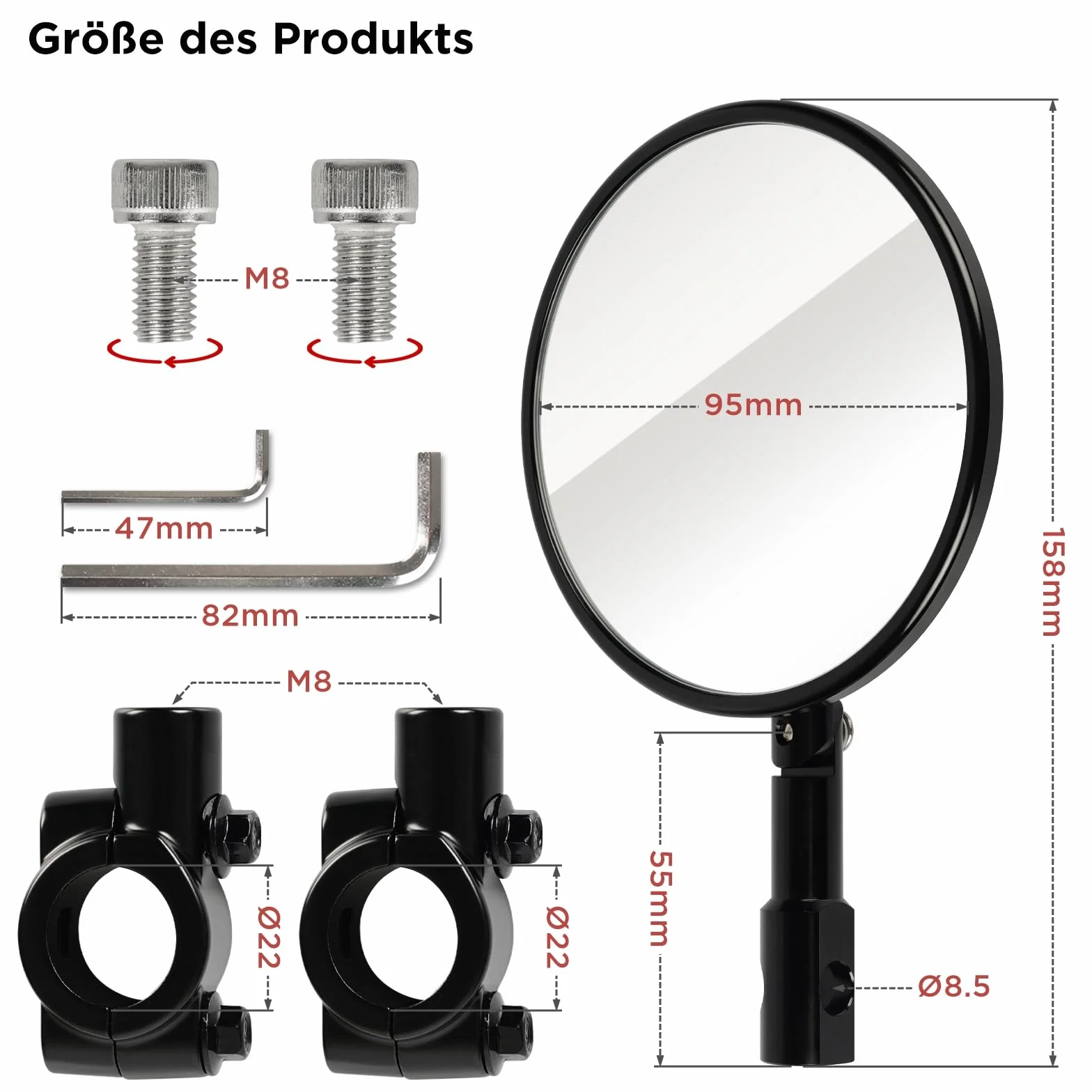 Evermotor Lusterko do końcówek kierownicy, zatwierdzone E, 360° obrotowe lusterko motocyklowe, wykonane z frezowanego CNC aluminium, 22 mm (7/8") okrągłe lusterko motocyklowe kompatybilne ze skuterem