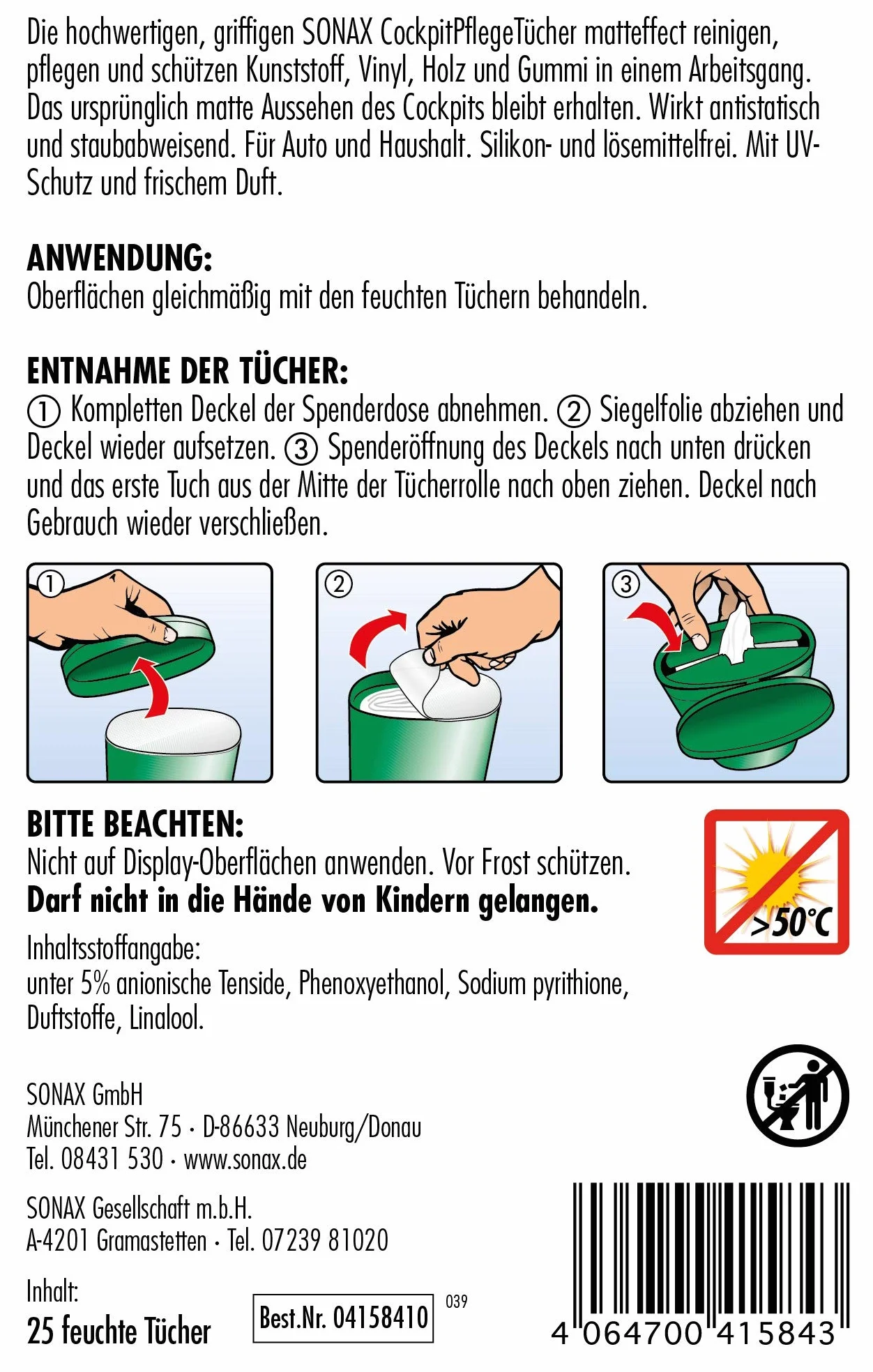 Ściereczki do pielęgnacji kokpitu SONAX Matte Effect Box (25 sztuk) Wilgotne ściereczki czyszczą, pielęgnują i chronią wszystkie elementy plastikowe, drewno i gumę | Przedmiot nr. 04158410