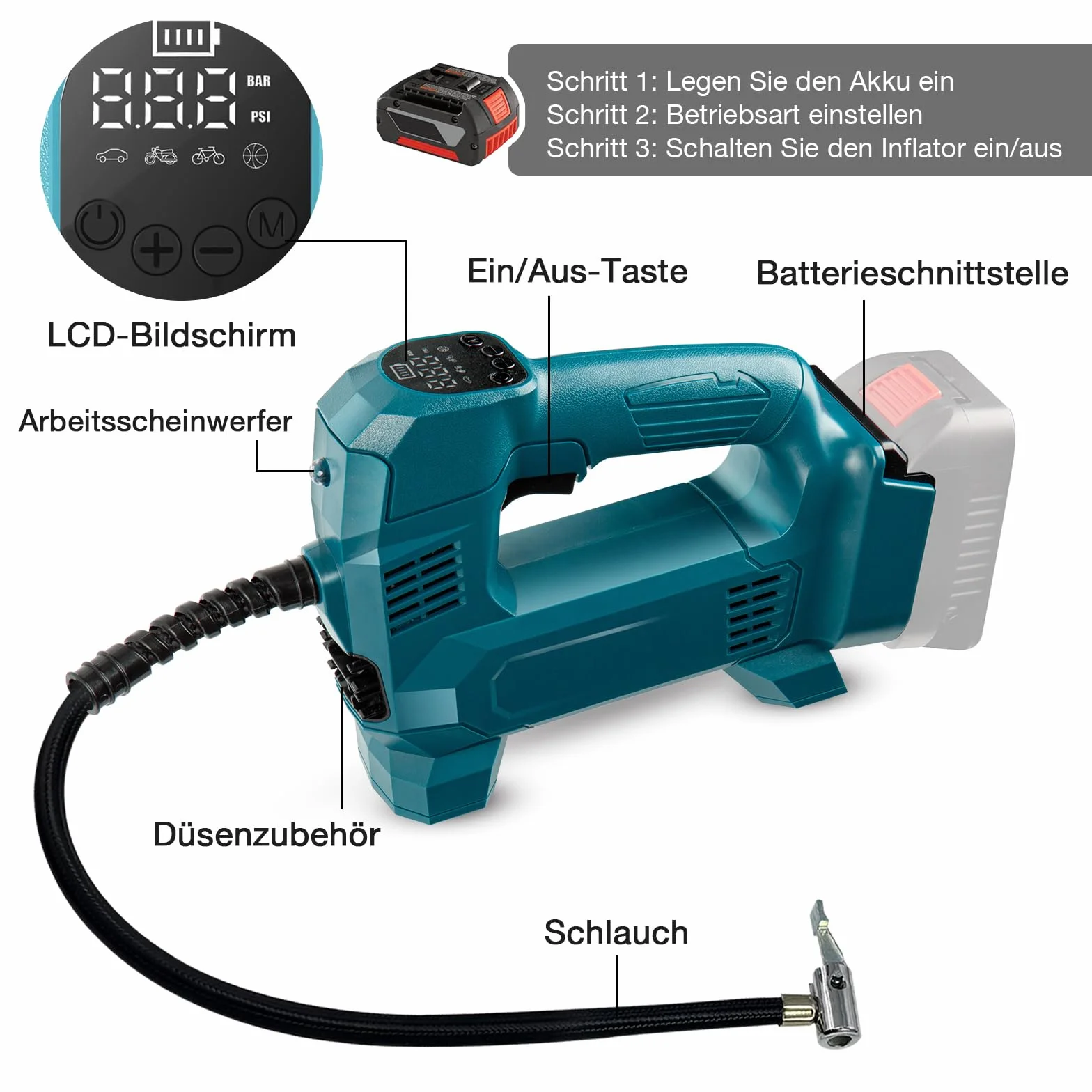 Sprężarka akumulatorowa Bosch Professional 18 V 150 PSI 10,3 bar przenośna do samochodu