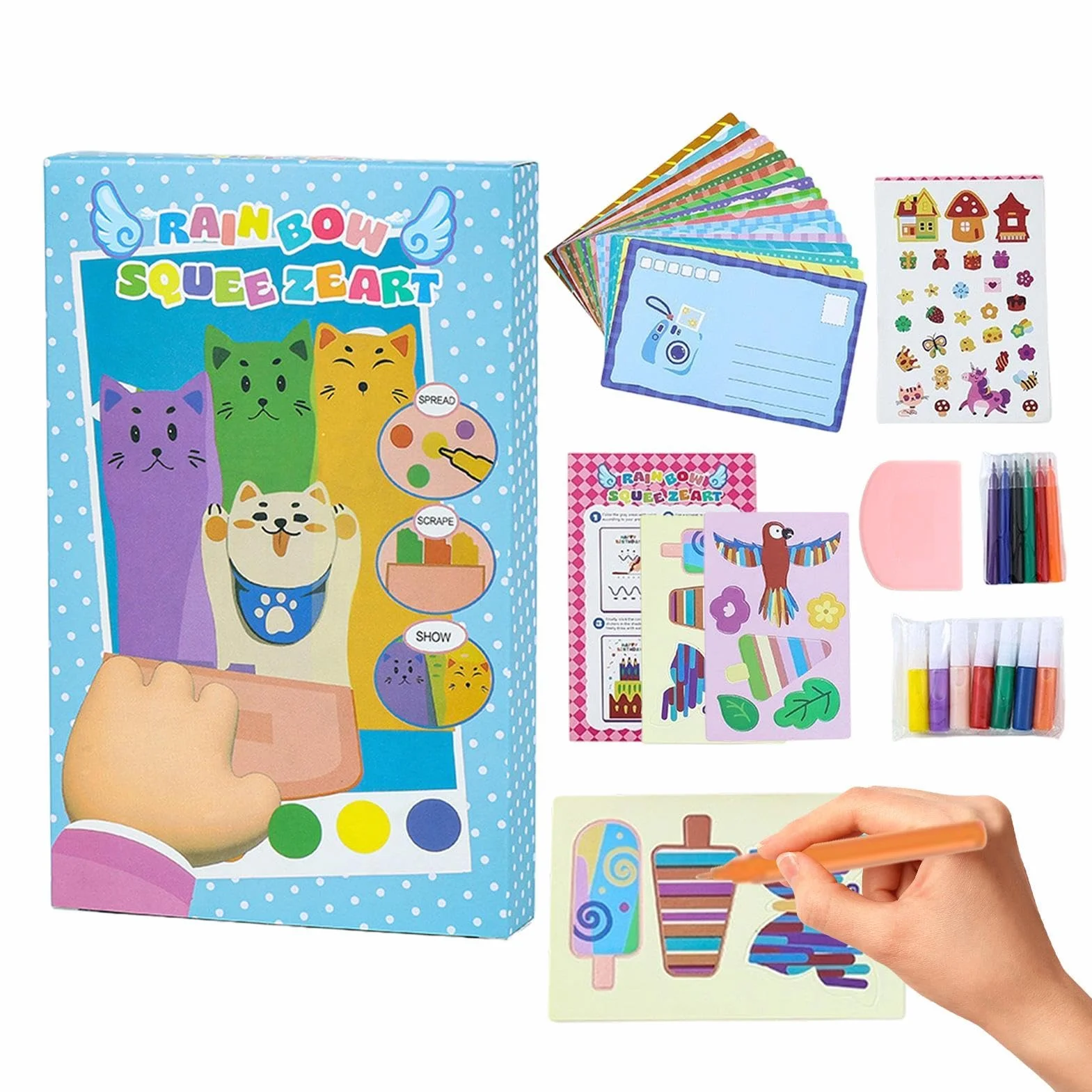 Rainbow Squeeze Art Kit - DIY Postcards Kids Painting Kit for Boys Girls, Fine Motor Skills Classroom Home School Birthday, Creative Craft Activity Set for Children Learning, Fun Art Play