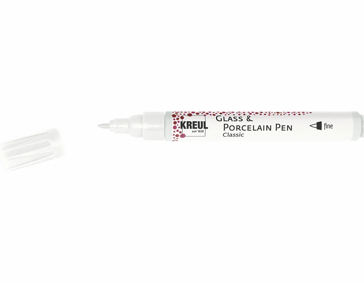 KREUL 16441 - Glass & Porcelain Pen Classic fine, biały, stabilna wymiarowo końcówka, szerokość linii ok. 1-2 mm, kryjąca farba do szkła i porcelany, farba odporna na działanie światła