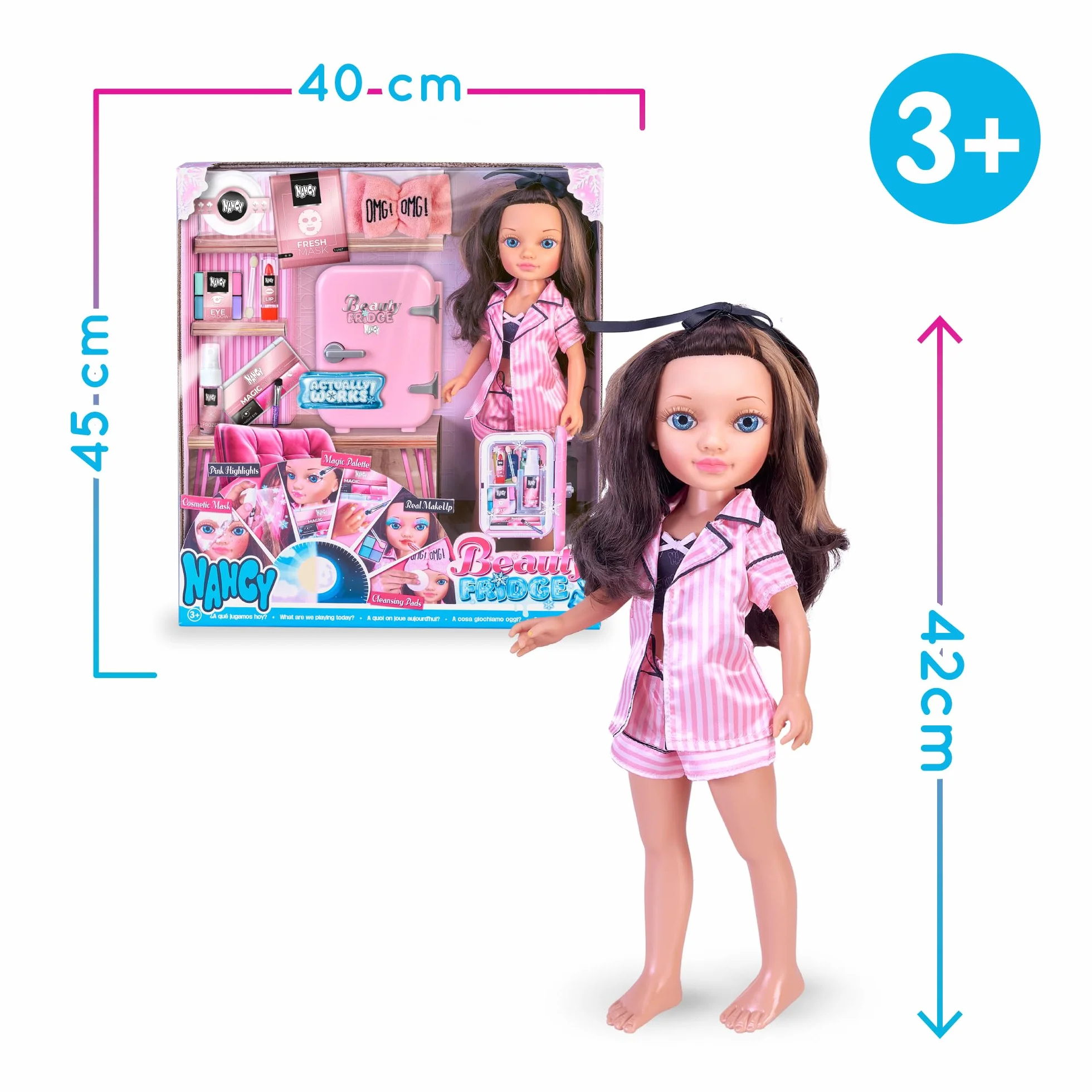 Nancy Beauty Fridge Lalka z akcesoriami do makijażu i lodówką z tacką na lód dedykowana jej kosmetykom dla dziewczynek + 3 lat, słynna (NAC74000)