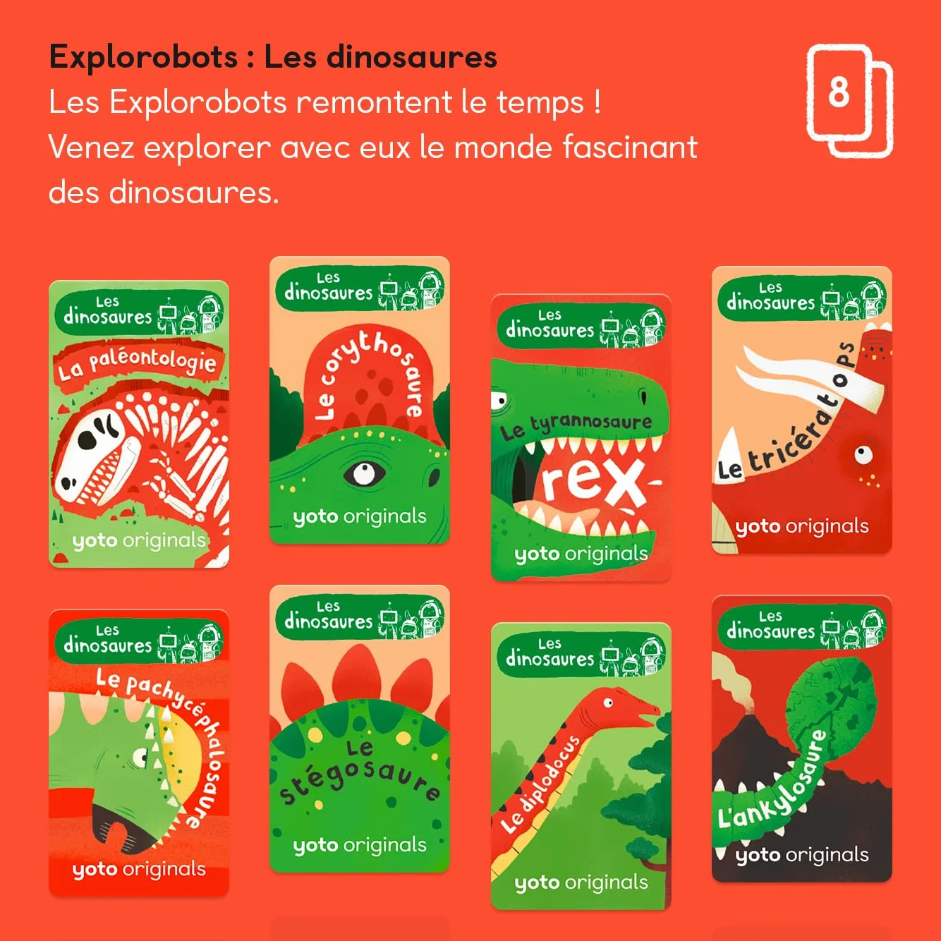 Yoto Player (3. generacja) + The Explorobots: Dinozaury, Storybox, Storyteller z światłem nocnym, zegarem, 8 francuskimi audiobookami dla dzieci, pierwsze opowiadania 5 do 10 lat