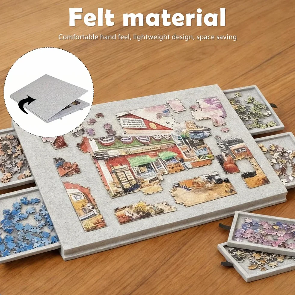 Odchylana deska do puzzli 2 w 1 ze stojakiem i pokrywą, lekka filcowa deska do puzzli z 6 szufladami dla dorosłych, przenośny filcowy stół do puzzli, do 1000 elementów, akcesoria do puzzli