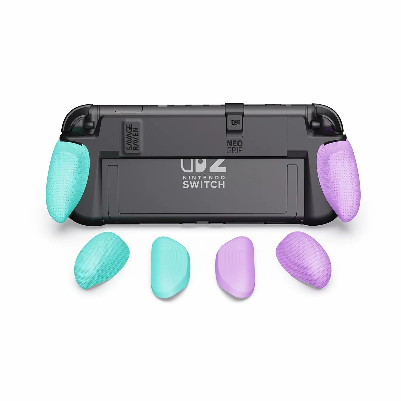 Savage Raven by Skull & Co. NeoGrip do Nintendo Switch 2: Ergonomiczna twarda obudowa z wymiennymi uchwytami [pasuje do wszystkich rozmiarów dłoni] [bez etui do noszenia] - jasnofioletowe + jasnozielone
