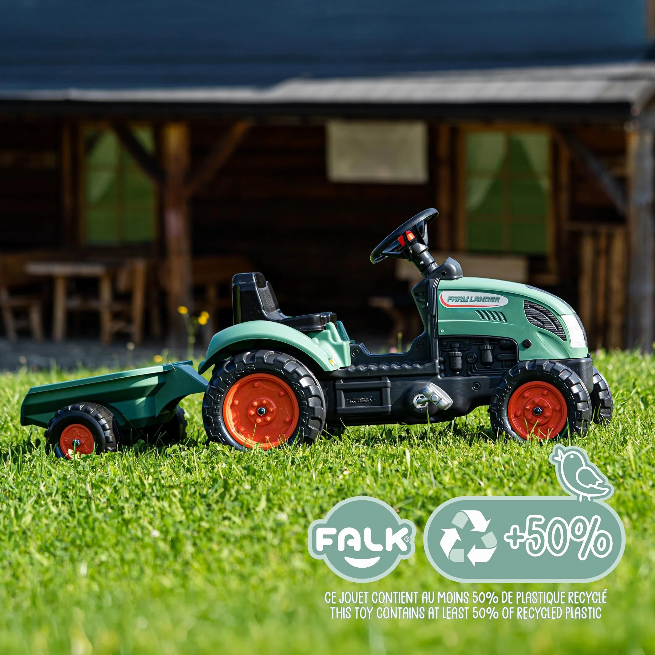 FALK Ciągnik pedałowy Farm Lander z przyczepą-od 2 lat - 50% plastiku pochodzącego z recyklingu - Wyprodukowano we Francji - Kierownica z klaksonem-2054L, 2054L, Ciemnozielony-2054L