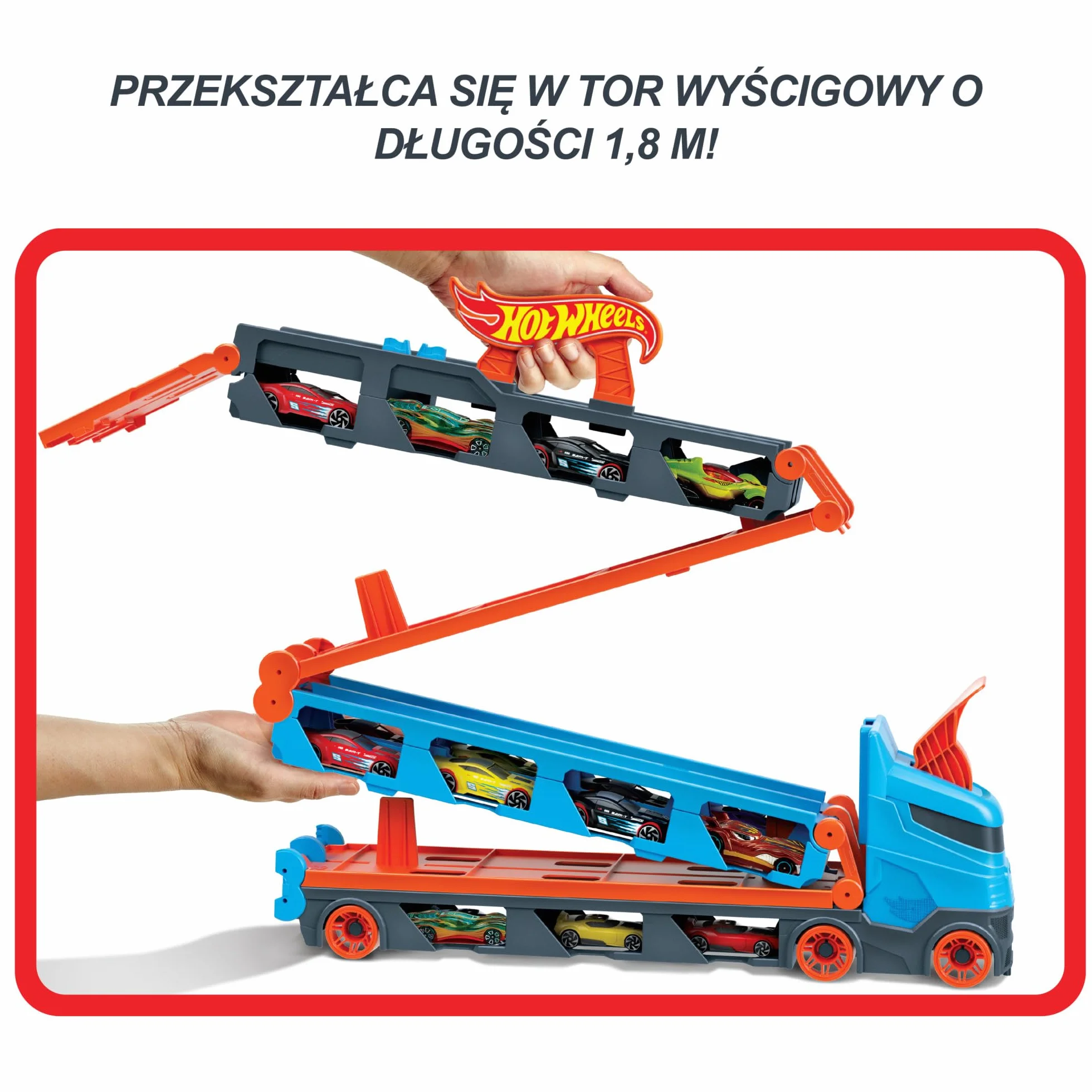 Hot Wheels - Wyścigowy transporter 2w1 z 3 samochodzikami w skali 1:64 i rozkładanym torem wyścigowym o długości 1,8 m oraz miejscem na 20 pojazdów; dla dzieci w wieku od 4 do 8 lat, HGH33