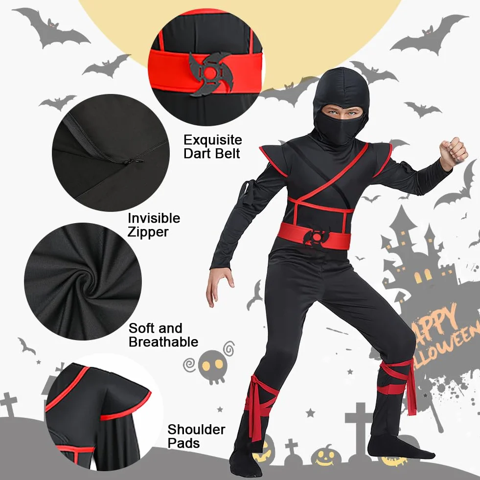 AOOWU Kostium ninja dla dzieci, kostium ninja, Deluxe, zestaw z pianką ninja, akcesoria, zabawki, kostium na Halloween, dla dziewcząt i chłopców