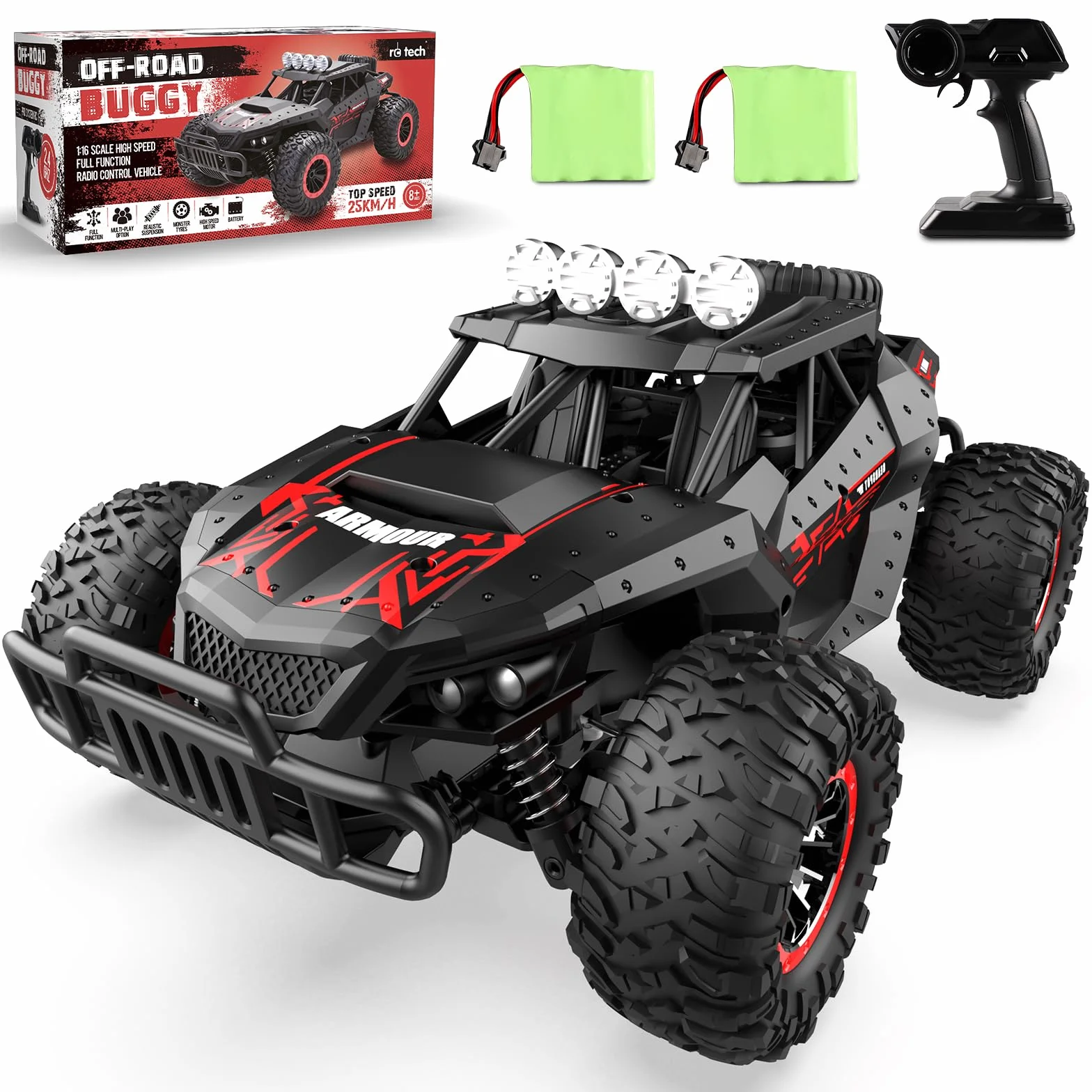 Zdalnie sterowany samochód offroad dla chłopców, na zewnątrz, z 2 akumulatorami, 70 minut, skala 1:16, RC Buggy 25 km/h, 2,4 GHz, zdalne sterowanie radiowe, samochód wyścigowy, Crawler Truck, samochód