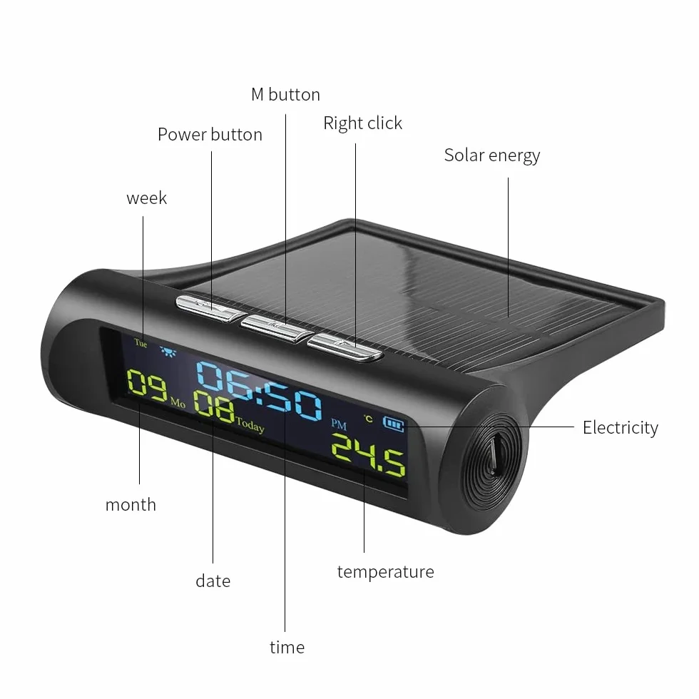 Samochodowy solarny zegar cyfrowy z wyświetlaczem LCD wskazującym temperaturę w samochodzie do dekoracji części samochodowych zewnątrz A