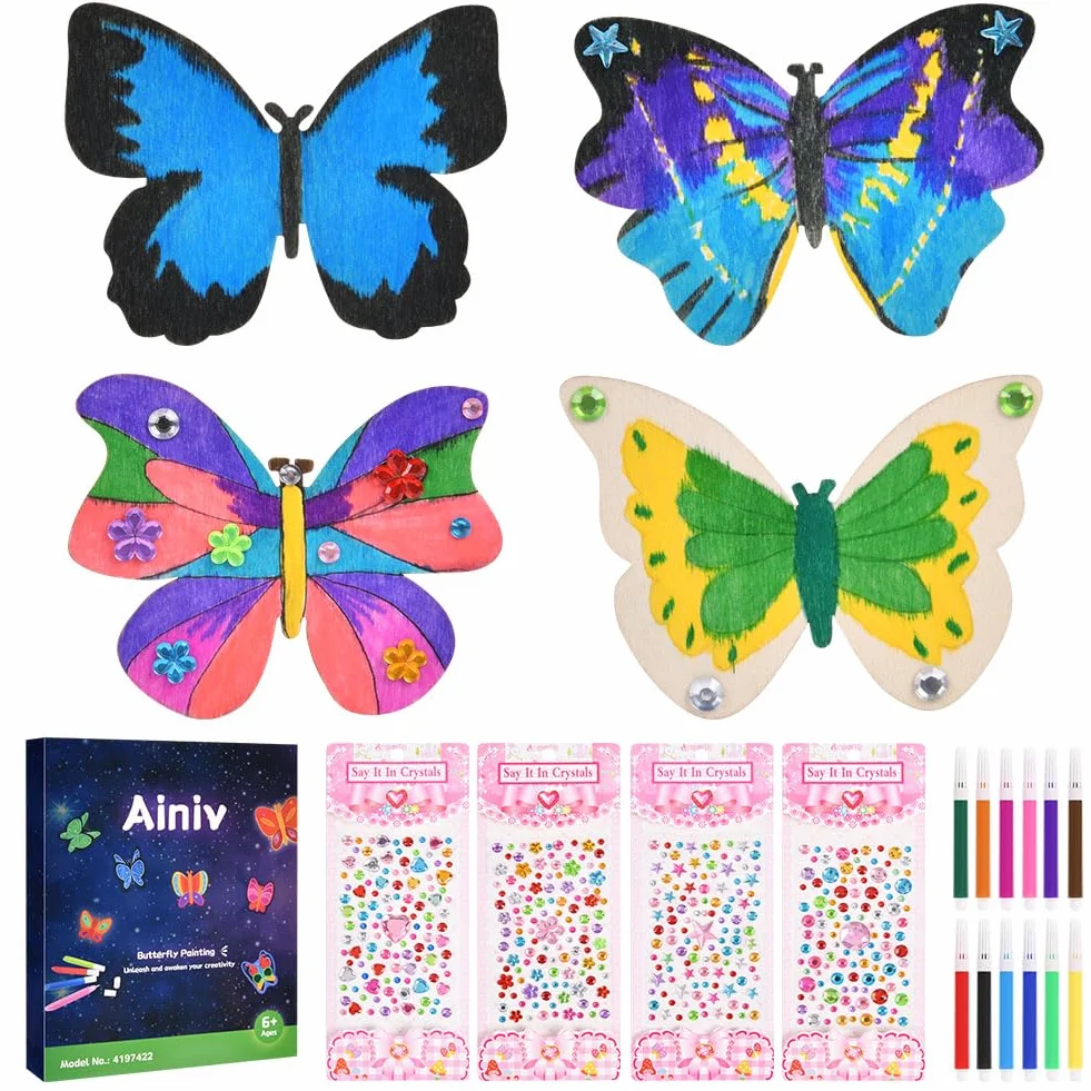 Ainiv 24 szt. DIY Drewniany motyl, Drewniane zestawy do robótek ręcznych z motylami z kredką akwarelową i samoprzylepnym kamieniem szlachetnym, Rękodzieło DIY, Prezenty dla dziewcząt i chłopców